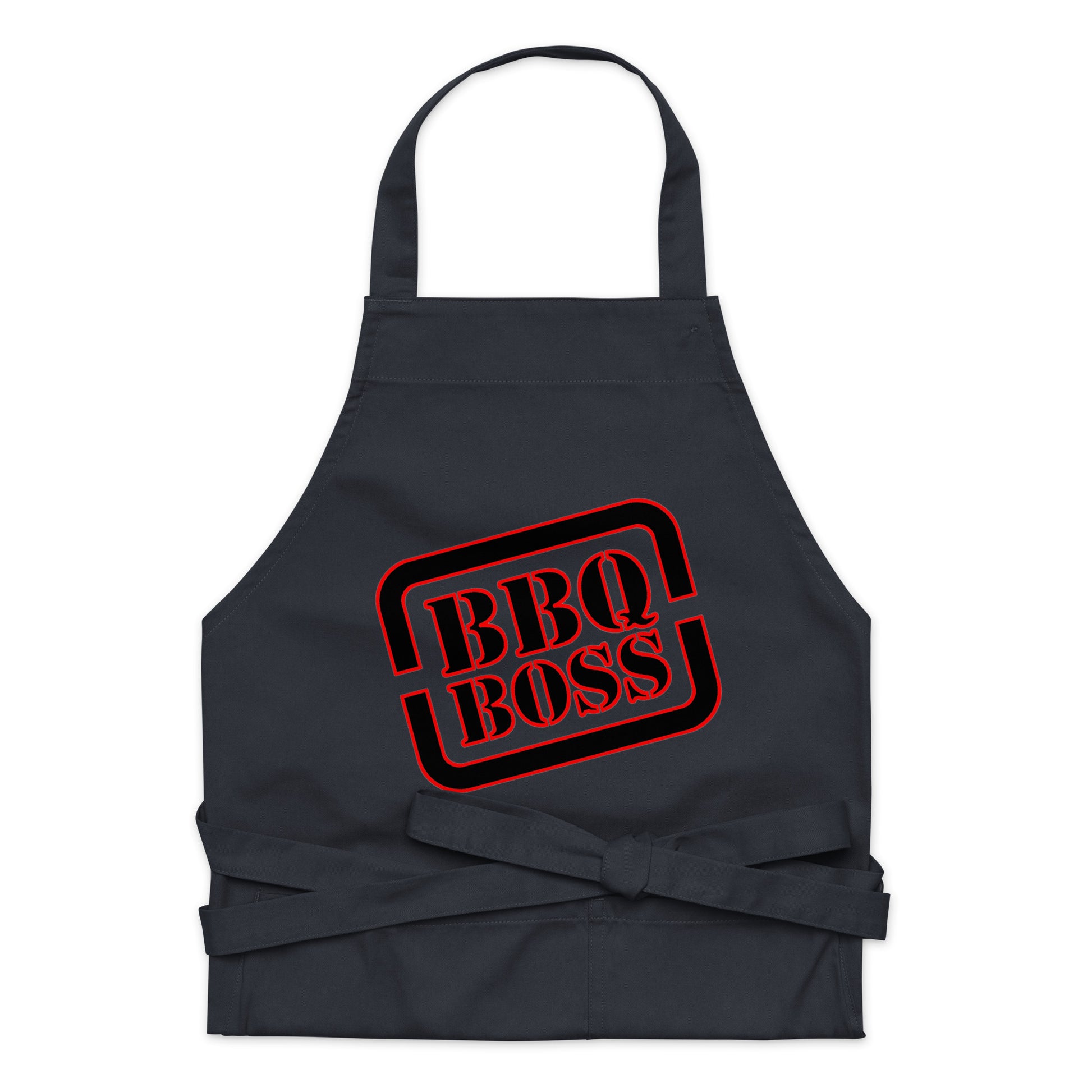 navy blue apron with text "BBQ BOSS"