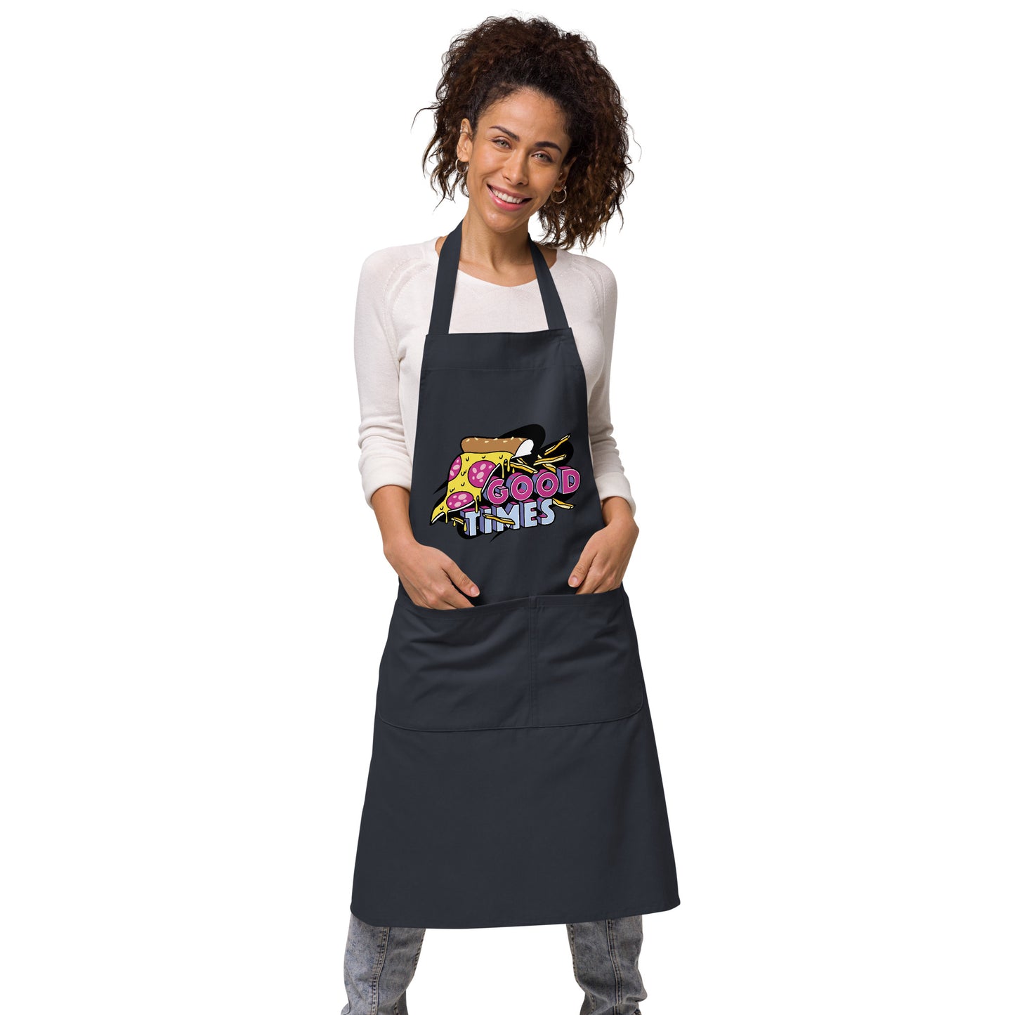 navy blue apron with pizza and text "Good times"