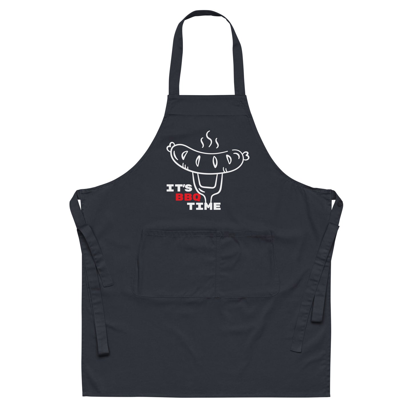 navy blue apron with sausage on fork and text "it's BBQ time"