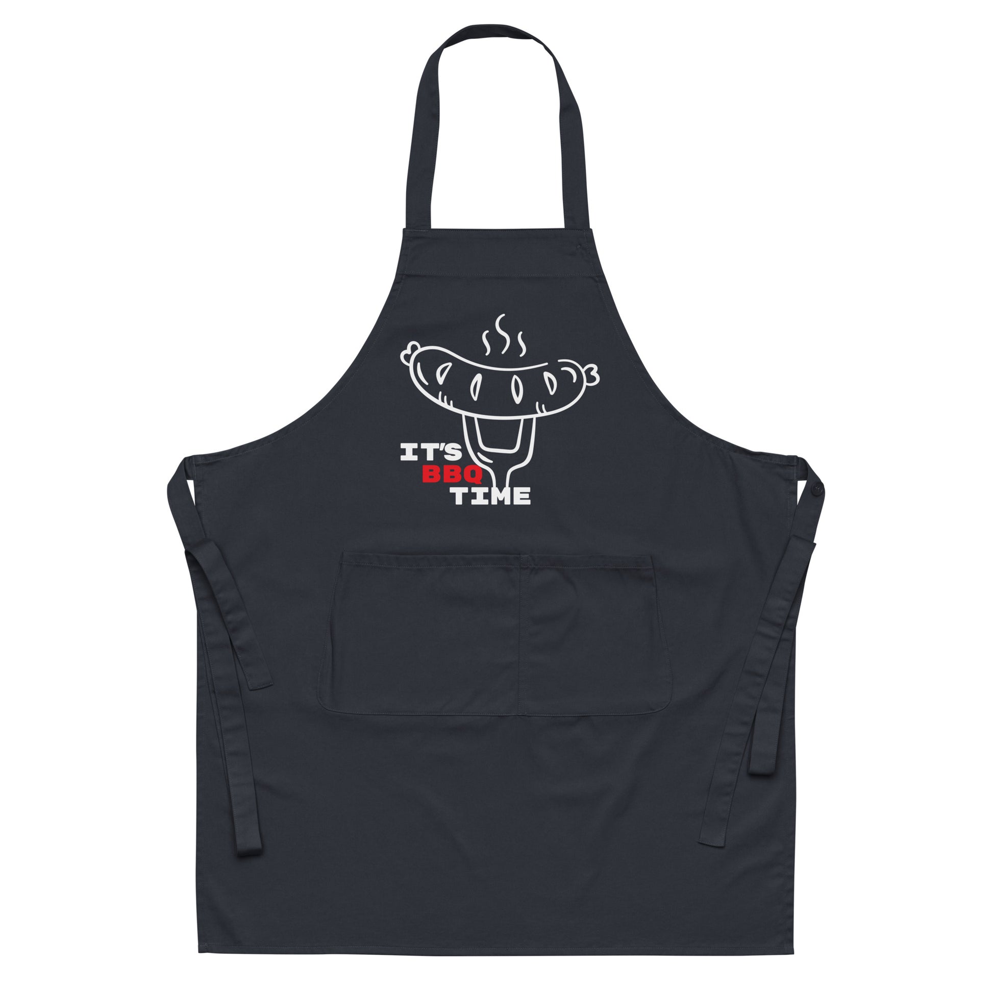 navy blue apron with sausage on fork and text "it's BBQ time"