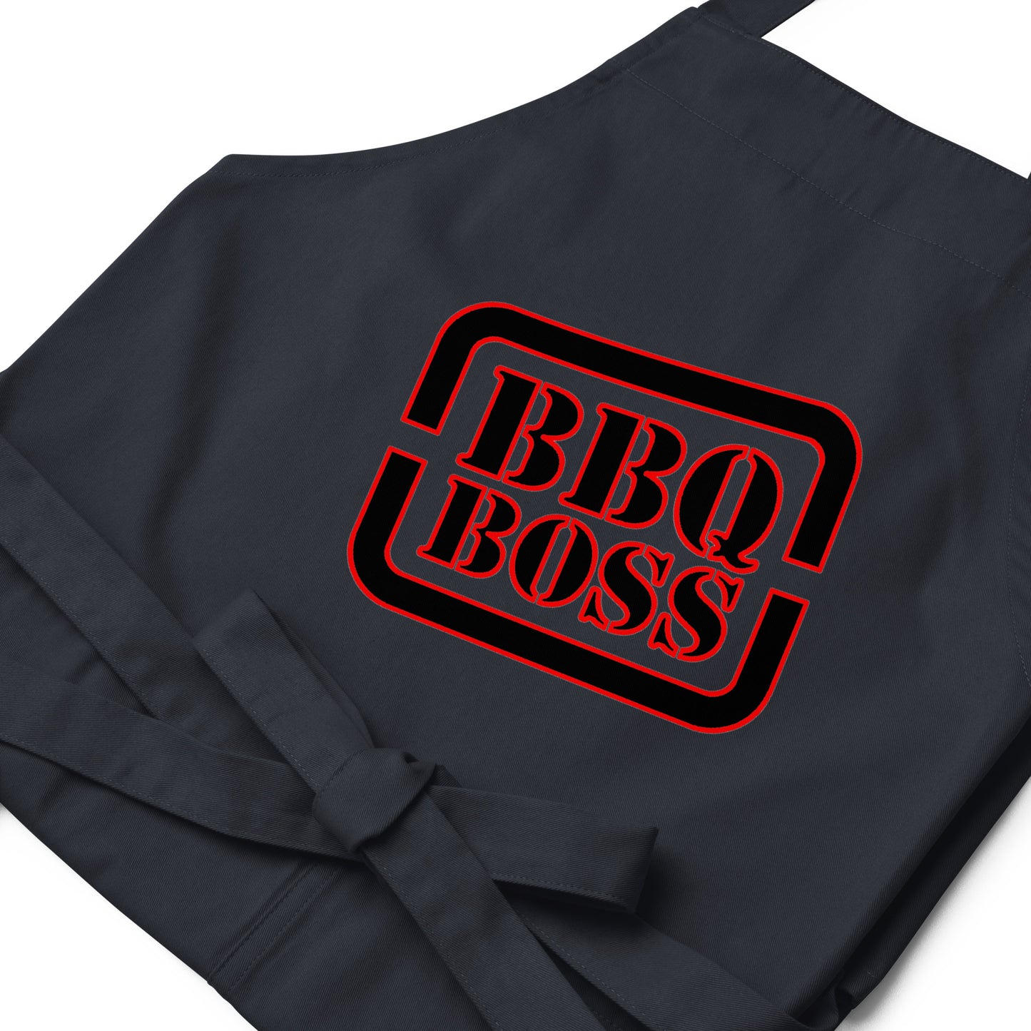 navy blue apron with text "BBQ BOSS"