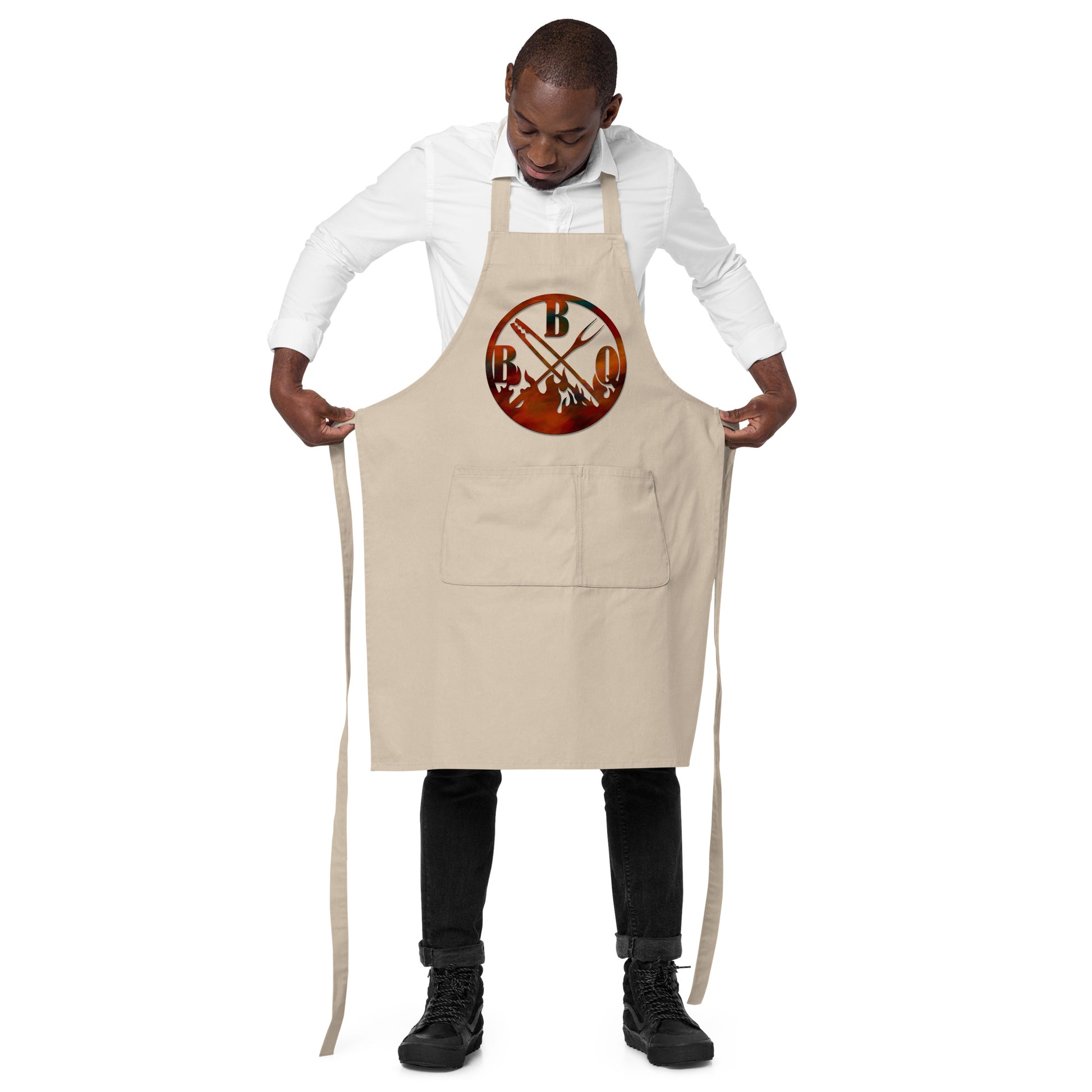 rope apron with meat fork and text "BBQ"