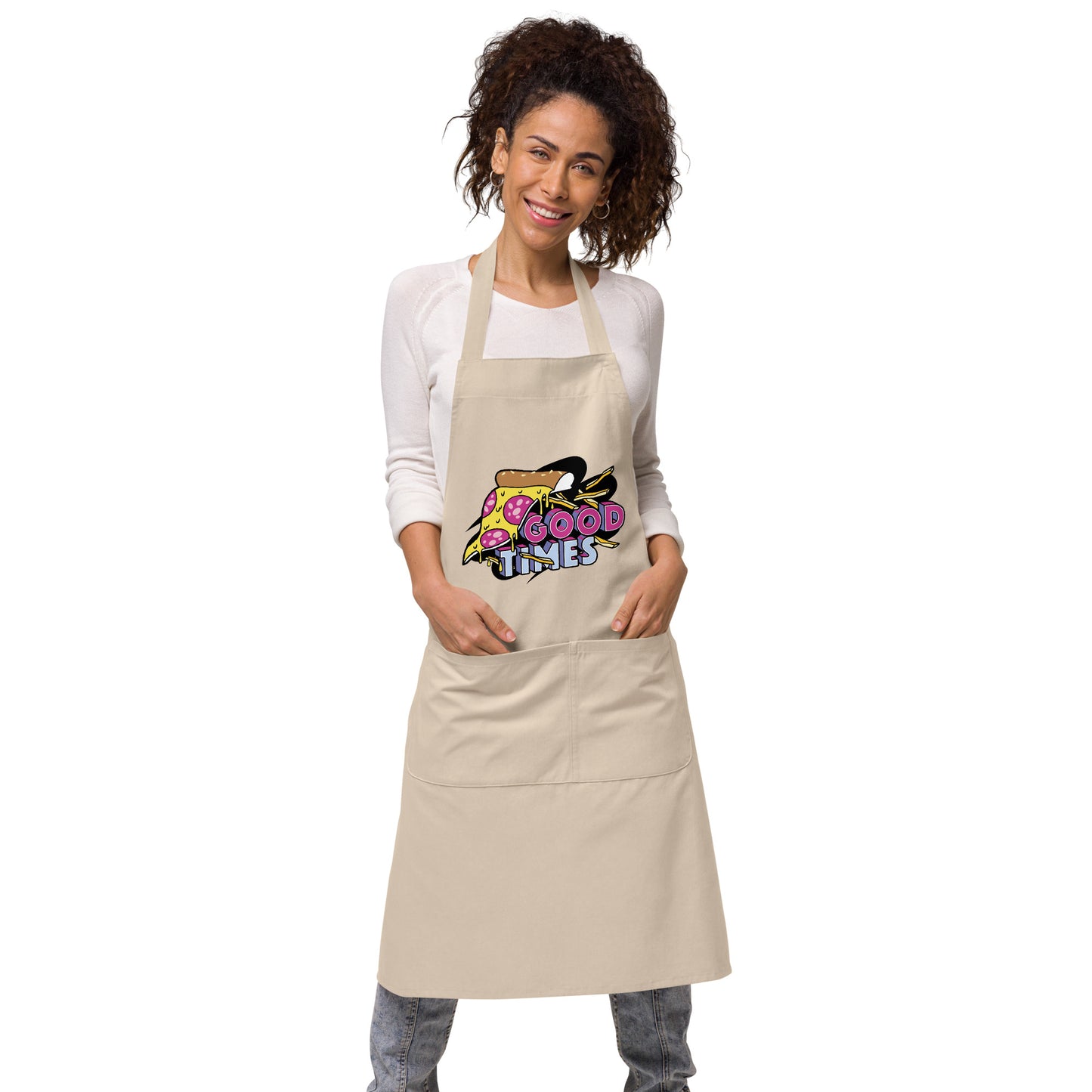rope apron with pizza and text "Good times"