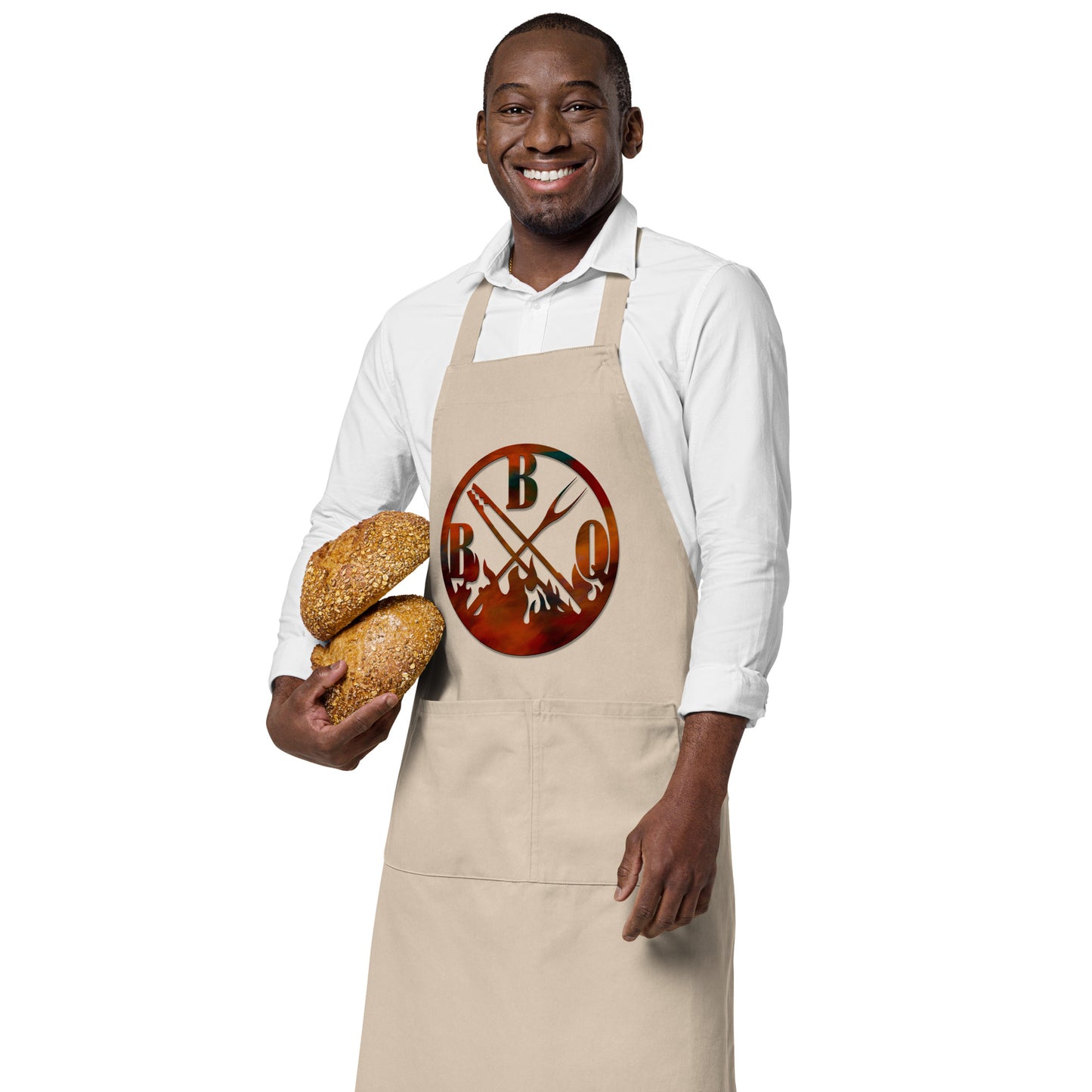 rope apron with meat fork and text "BBQ"