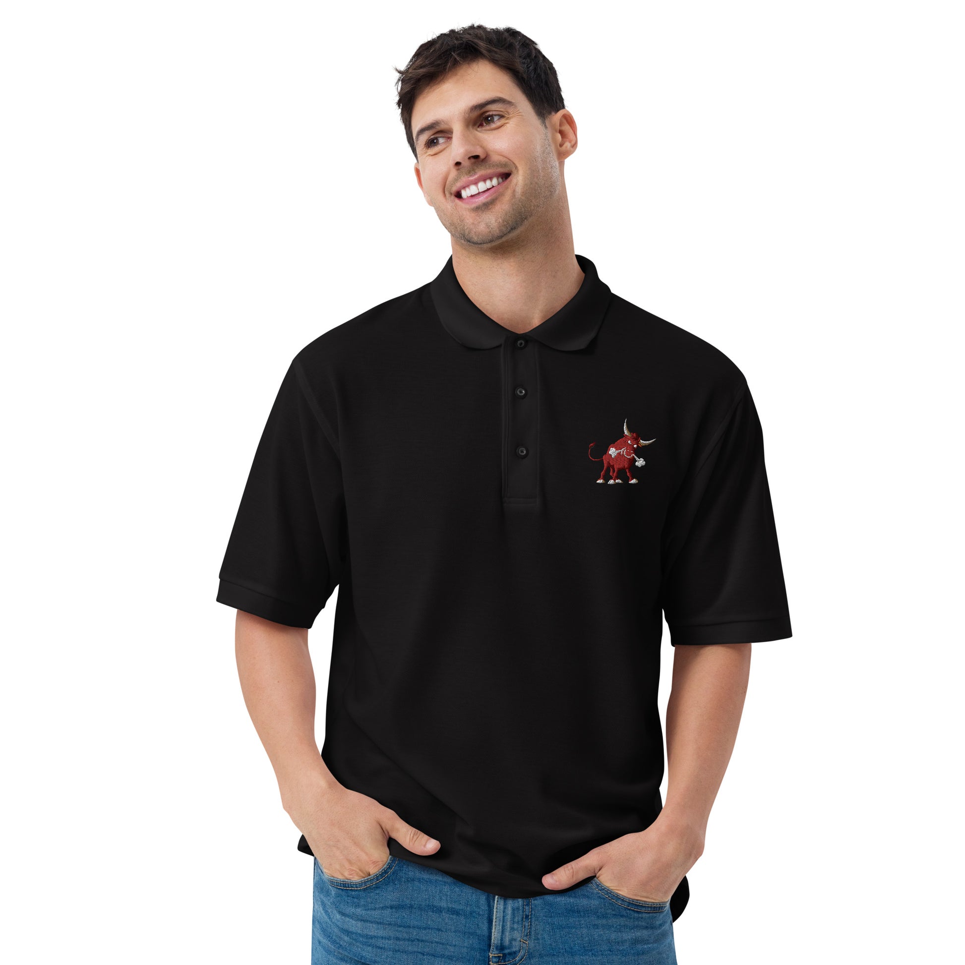 men with black polo with bull