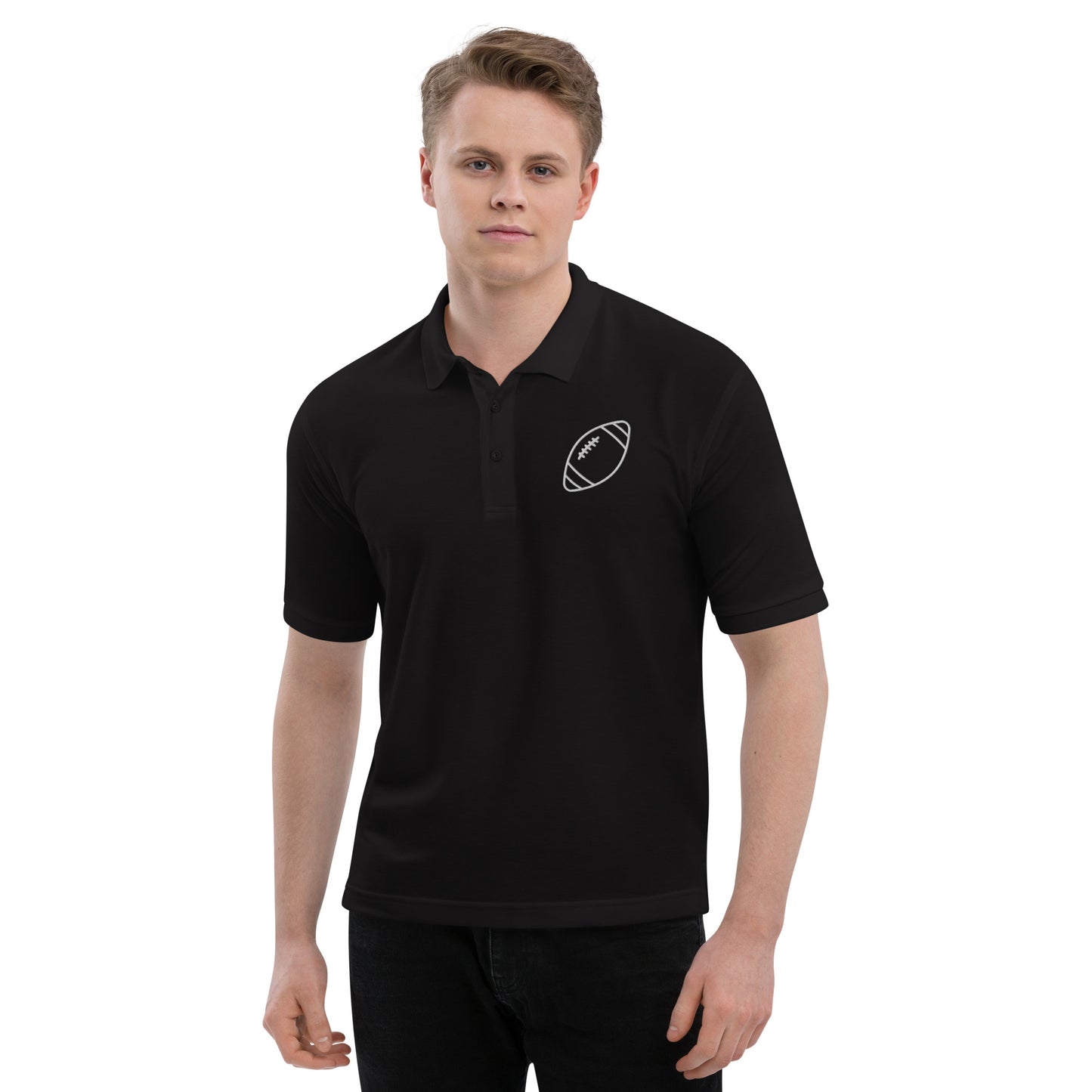 men with black polo with football