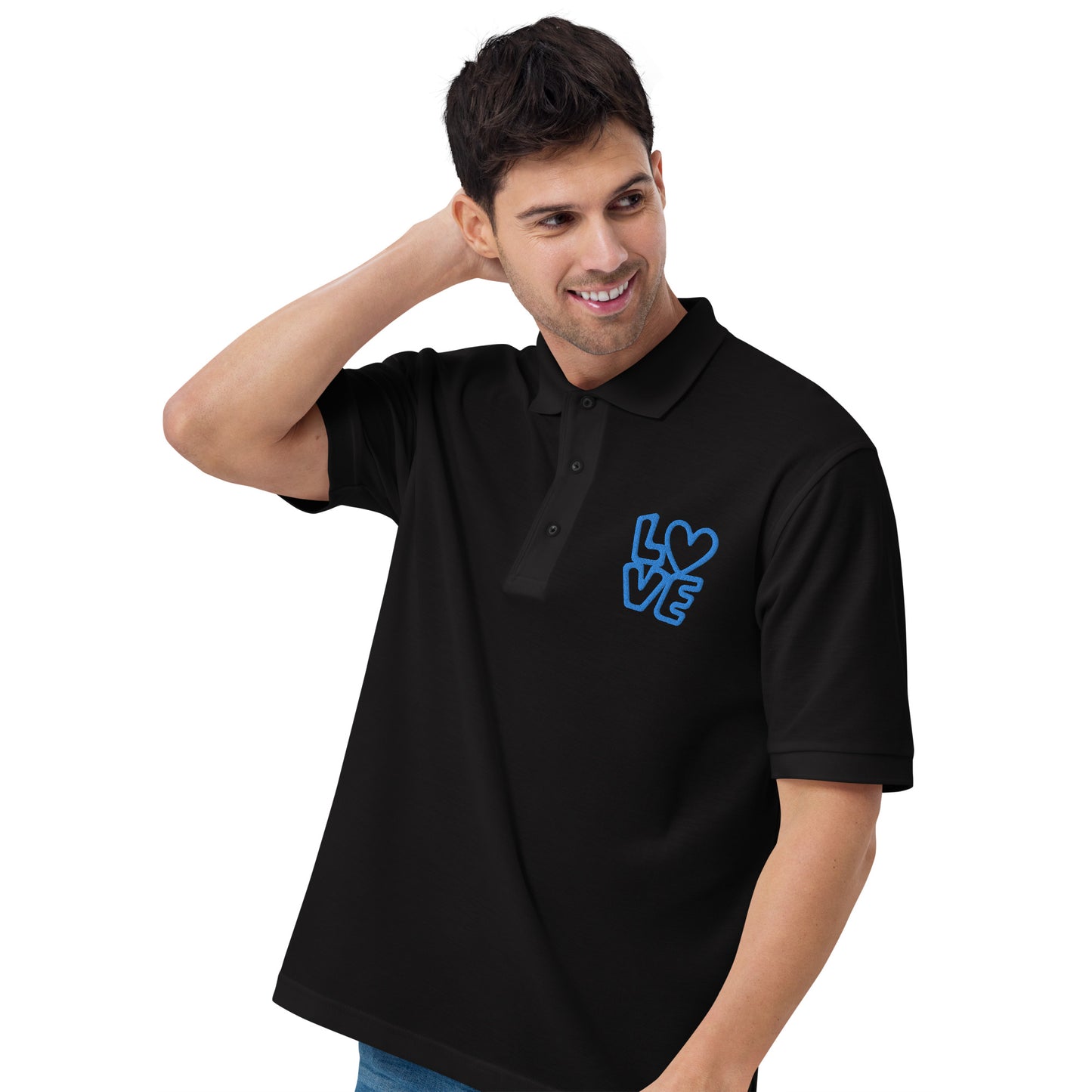 Men with black poloshirt with the blue letters LOVE with the O in heart shape