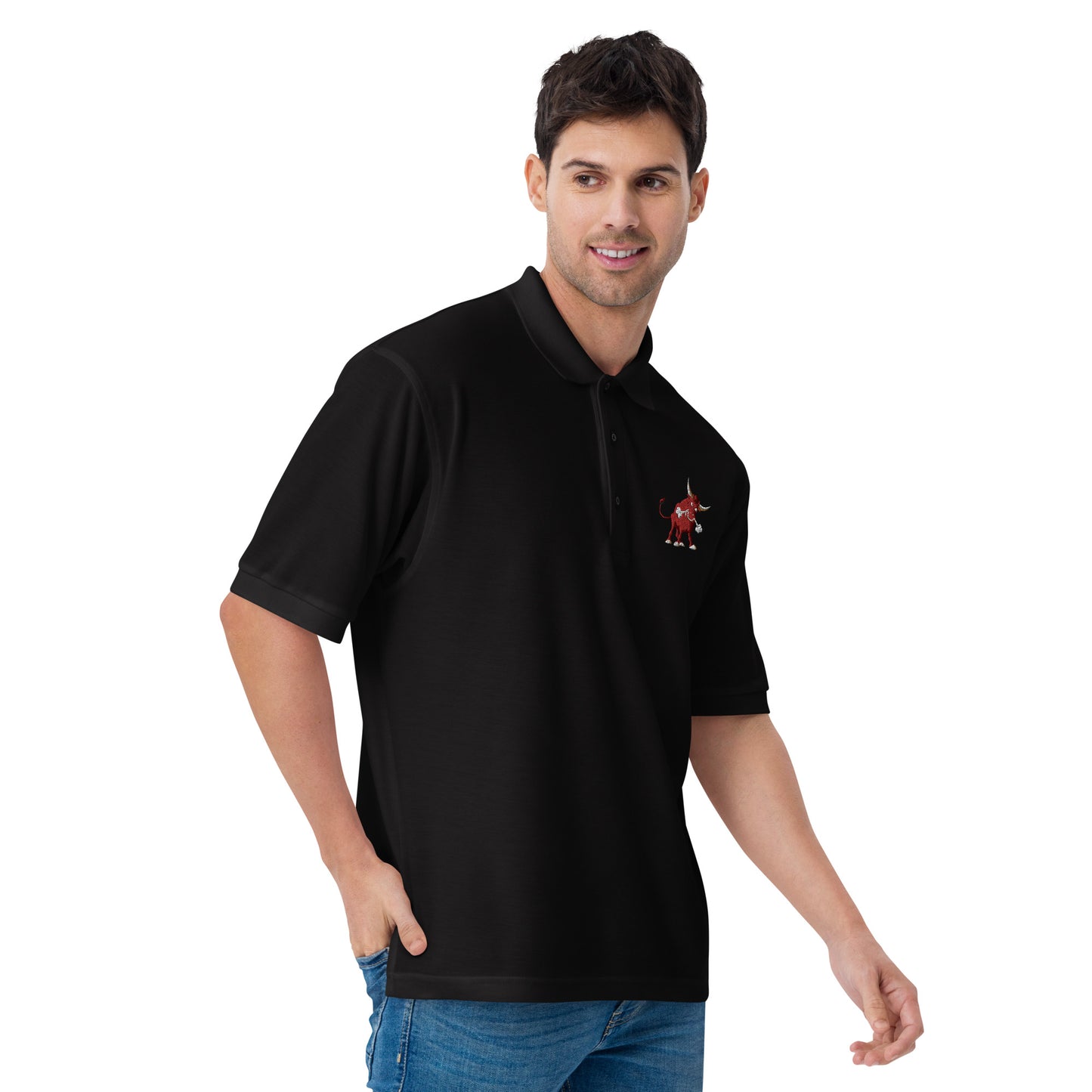 men with black polo with bull