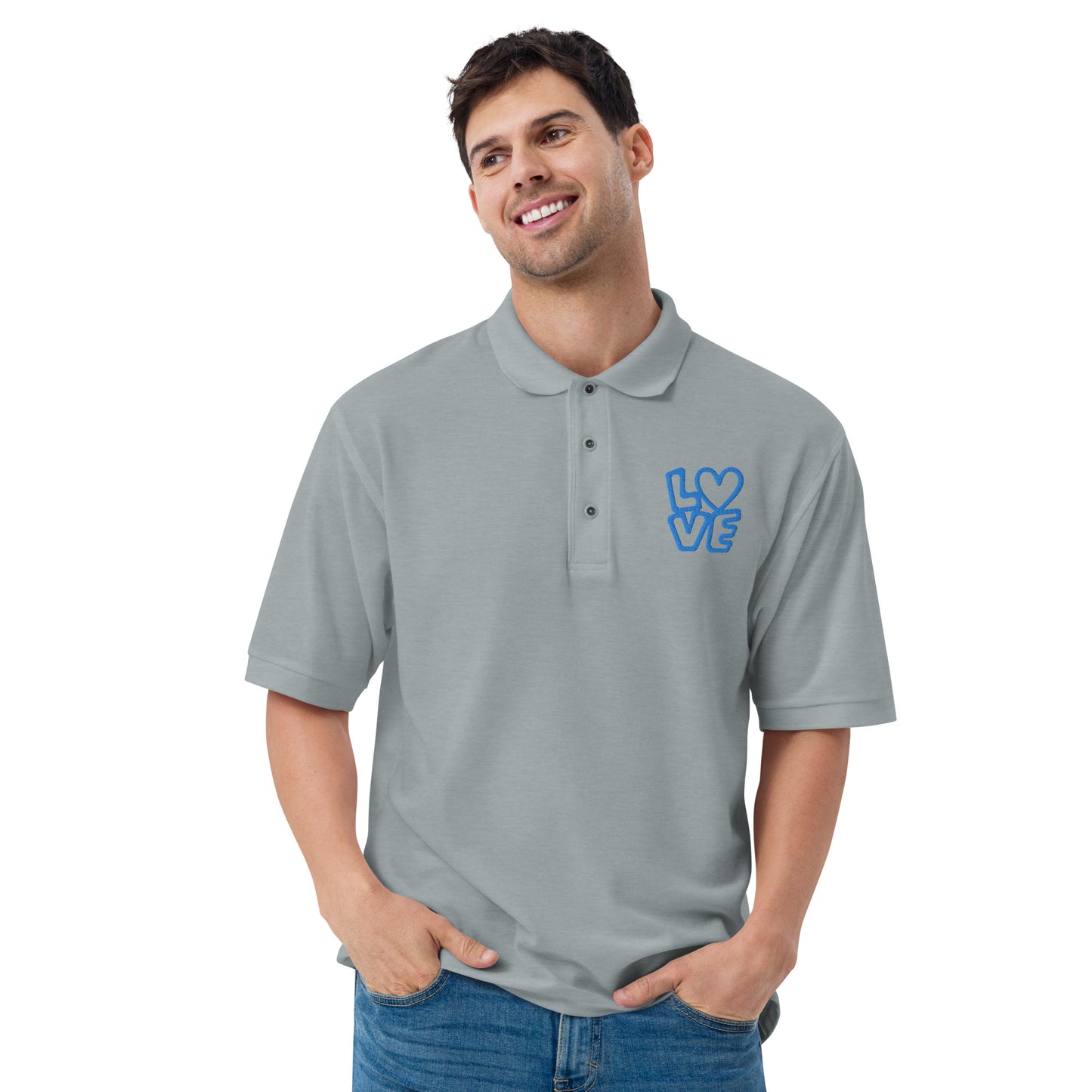 Men with grey poloshirt with the blue letters LOVE with the O in heart shape