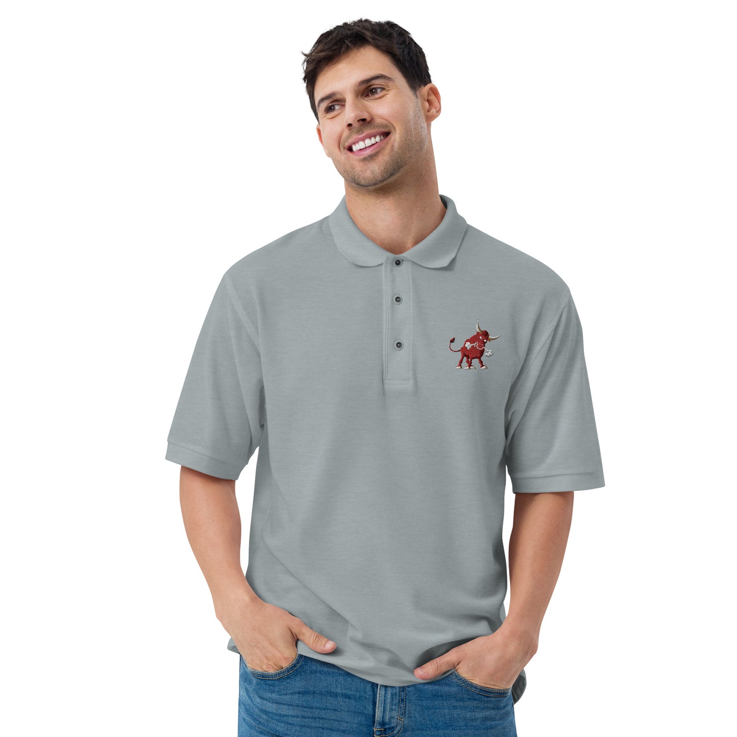 man with grey polo with bull