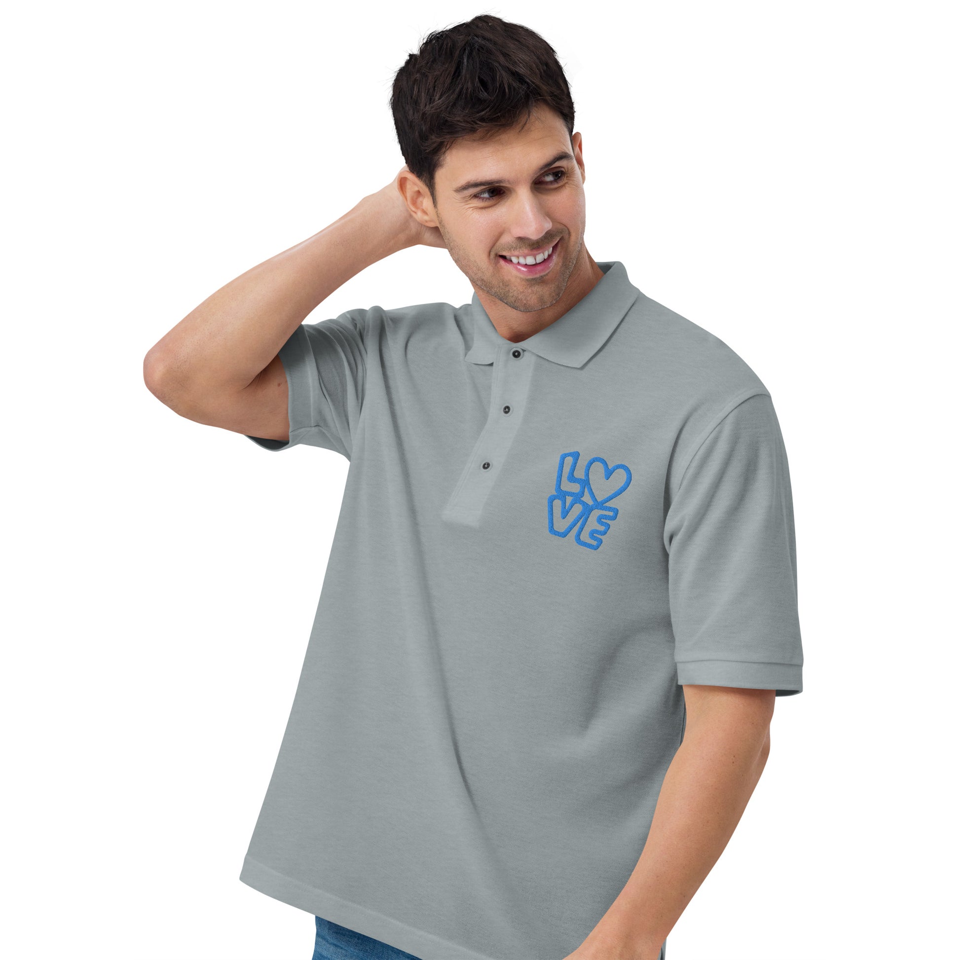 Men with grey poloshirt with the blue letters LOVE with the O in heart shape