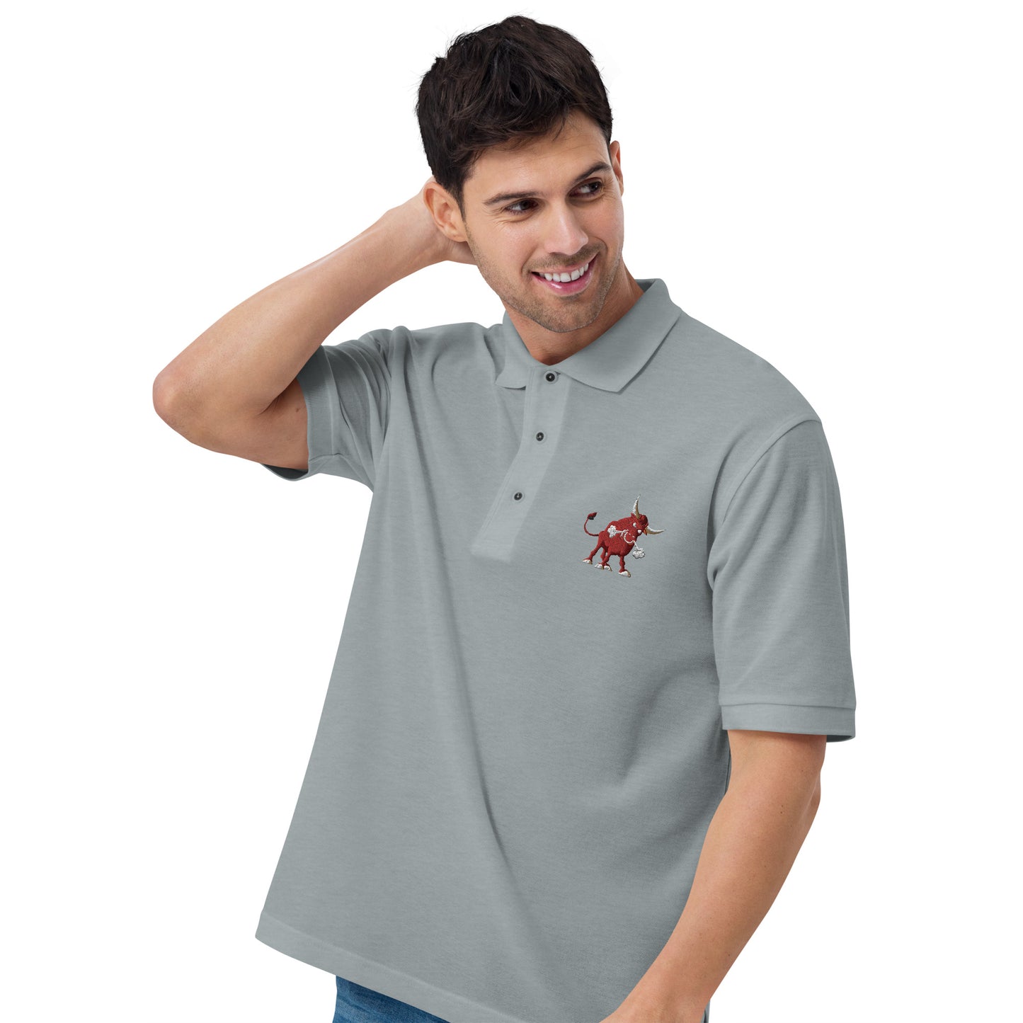 men with grey polo with bull