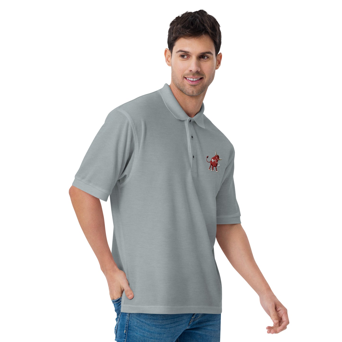 men with grey polo with bull