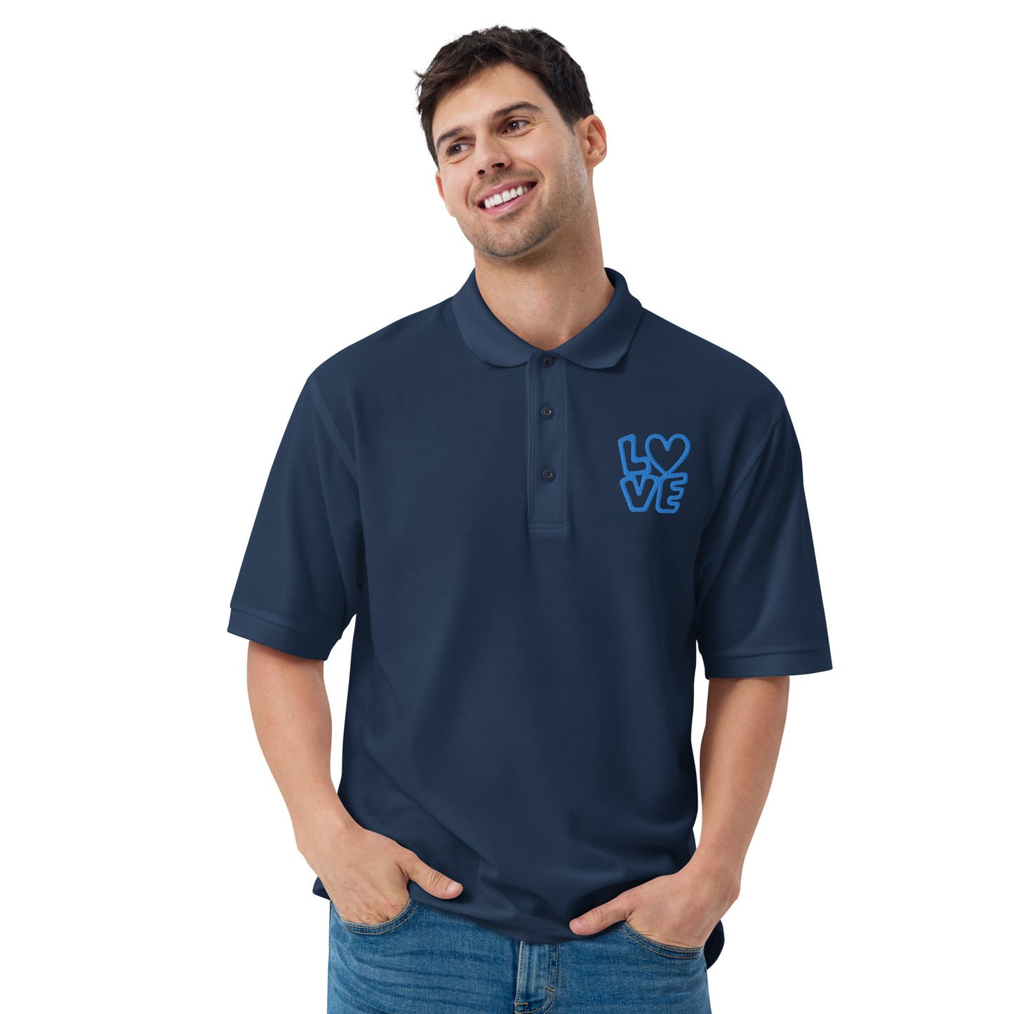 Men with navy poloshirt with the blue letters LOVE with the O in heart shape