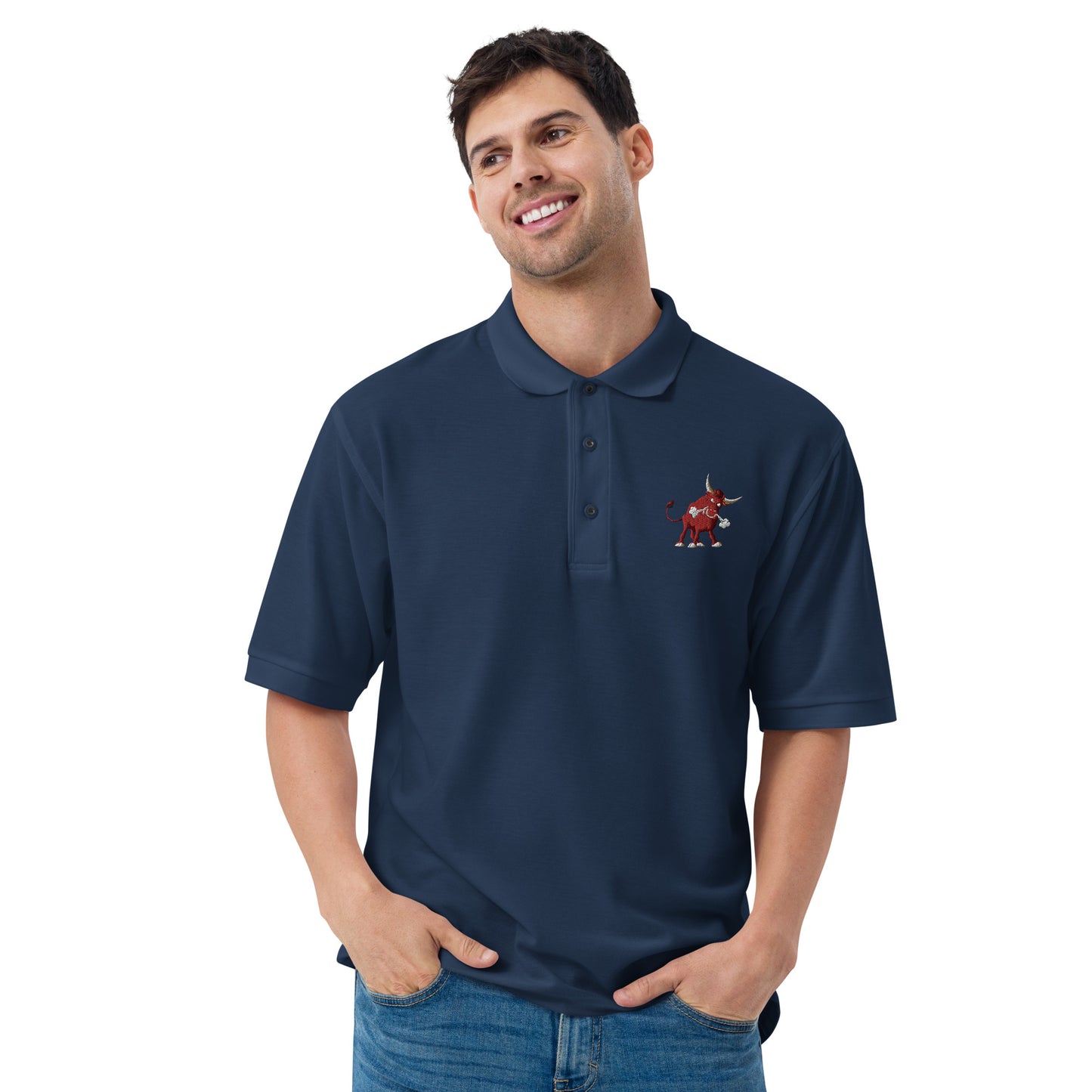 men with navy blue polo with bull