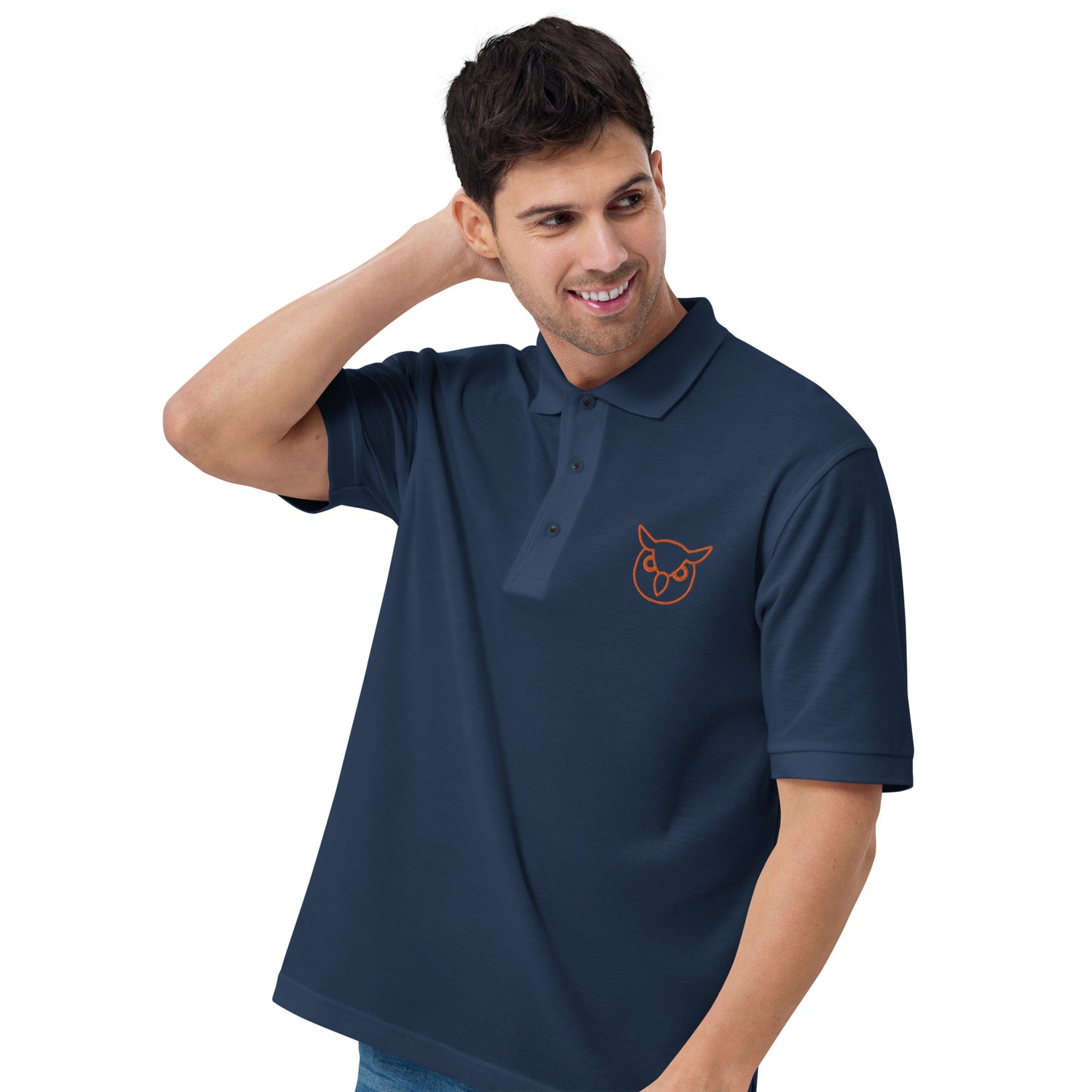 Men with navy poloshirt with on front a owl in brown embroidered