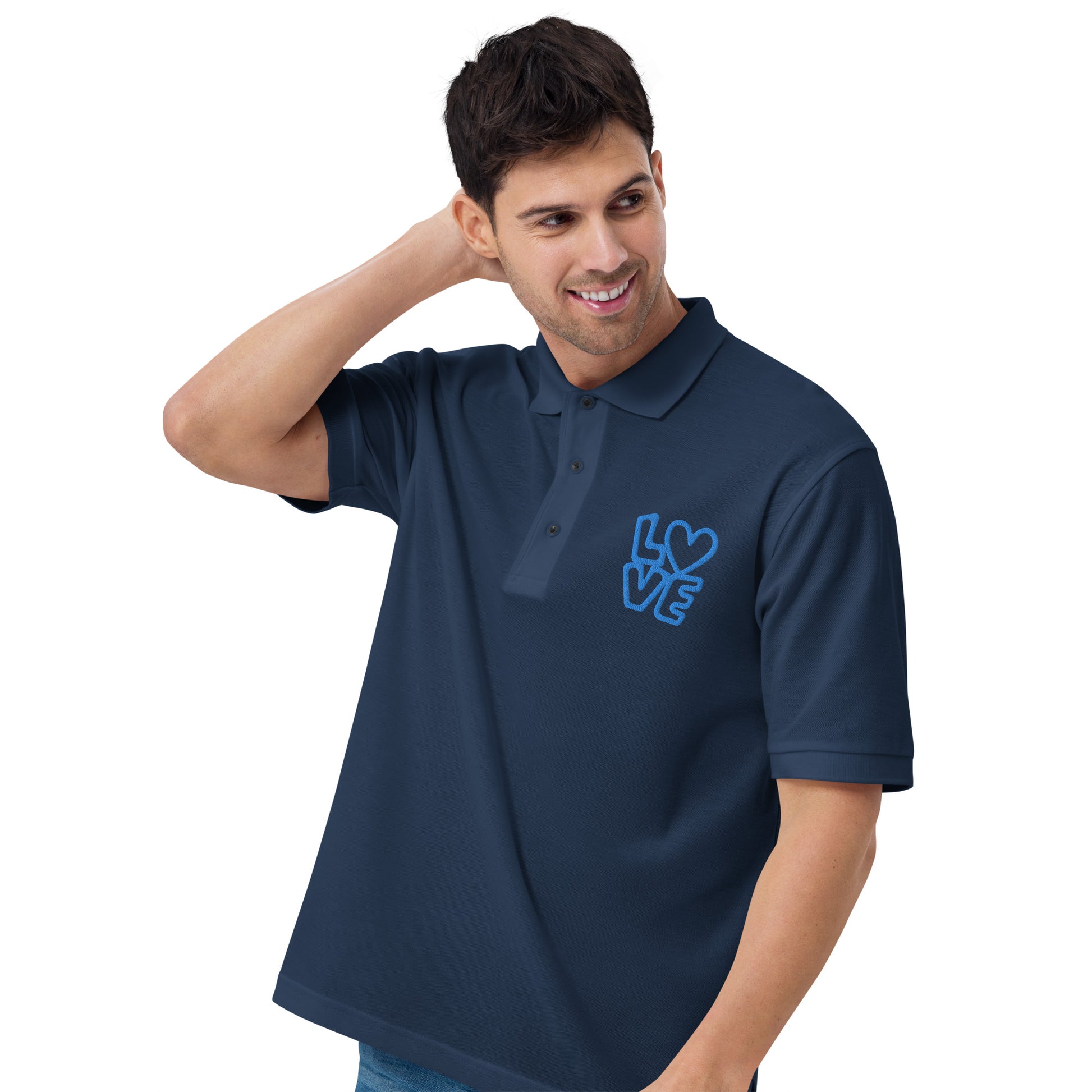 Men with navy poloshirt with the blue letters LOVE with the O in heart shape
