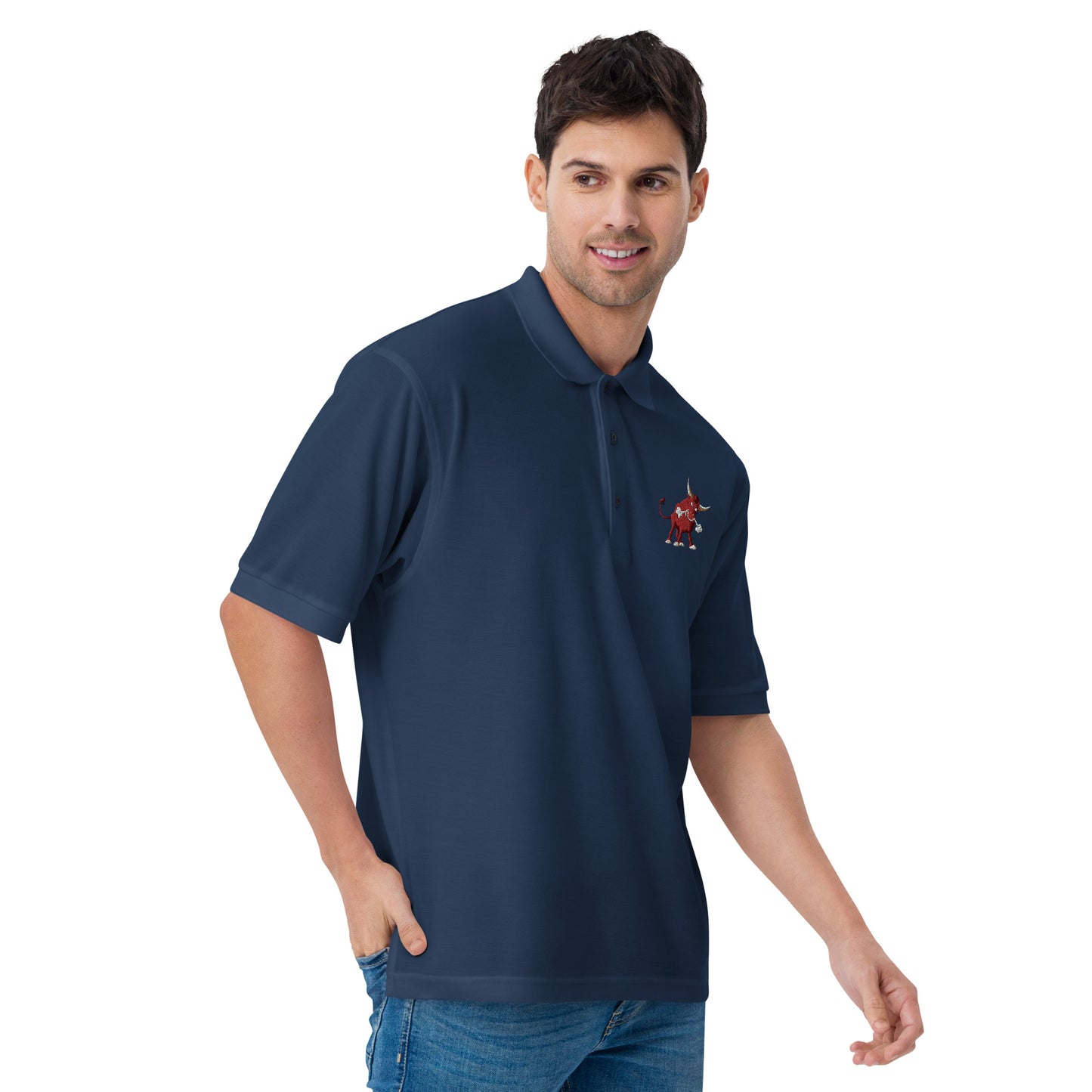men with navy blue polo with bull