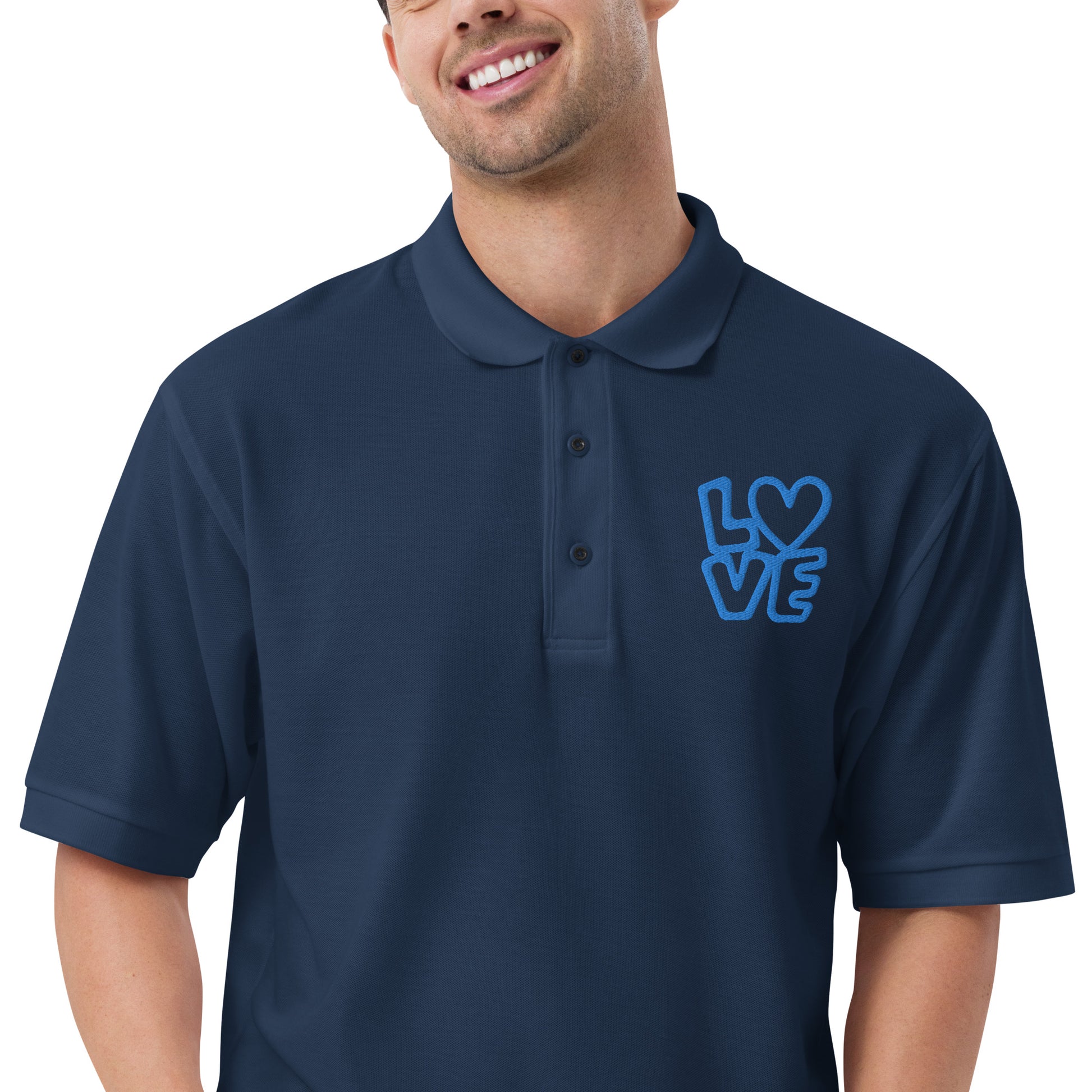 Men with navy poloshirt with the blue letters LOVE with the O in heart shape
