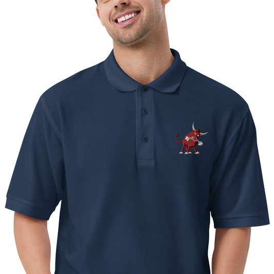 men with navy blue polo with bull