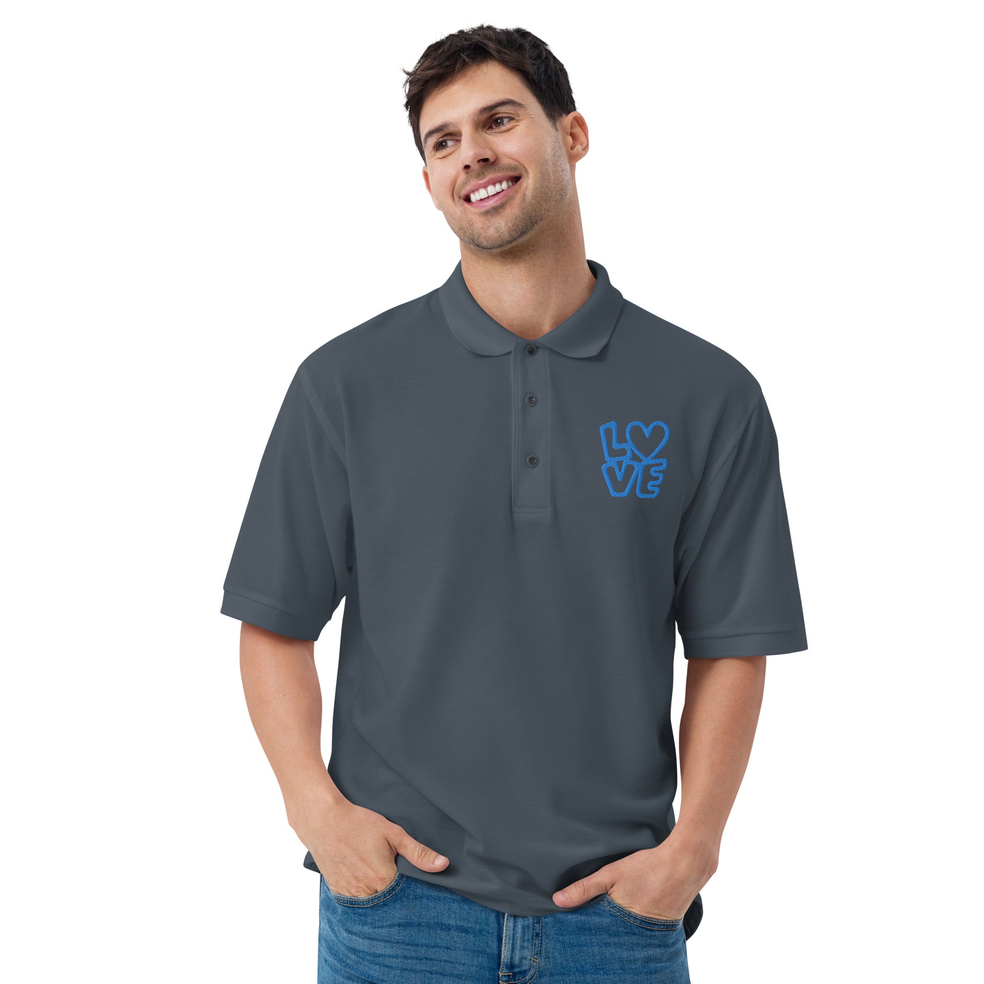 Men with steel grey poloshirt with the blue letters LOVE with the O in heart shape