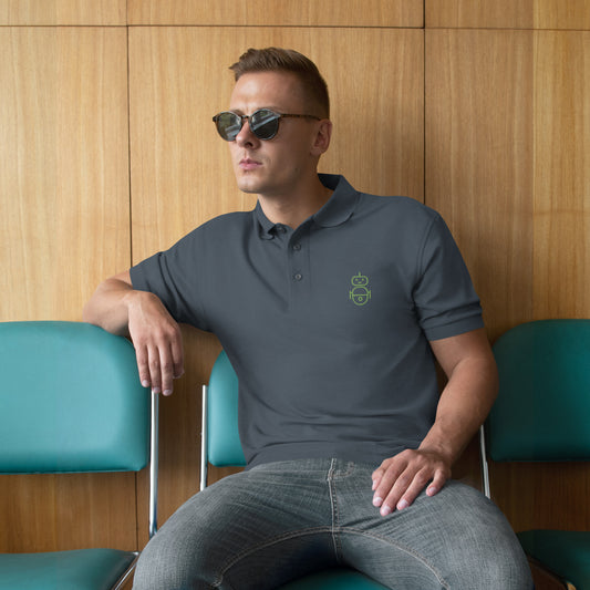 Men with steel grey polo and in green it Android logo