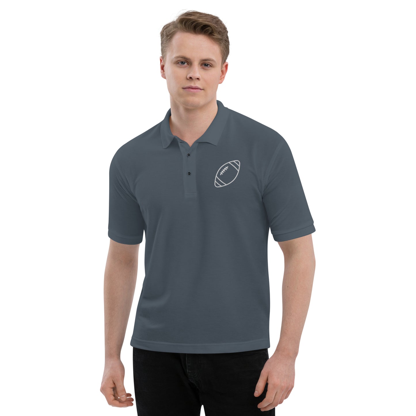 men with grey polo with football