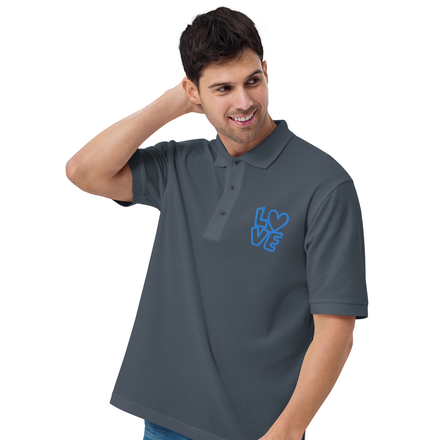 Men with steel grey poloshirt with the blue letters LOVE with the O in heart shape