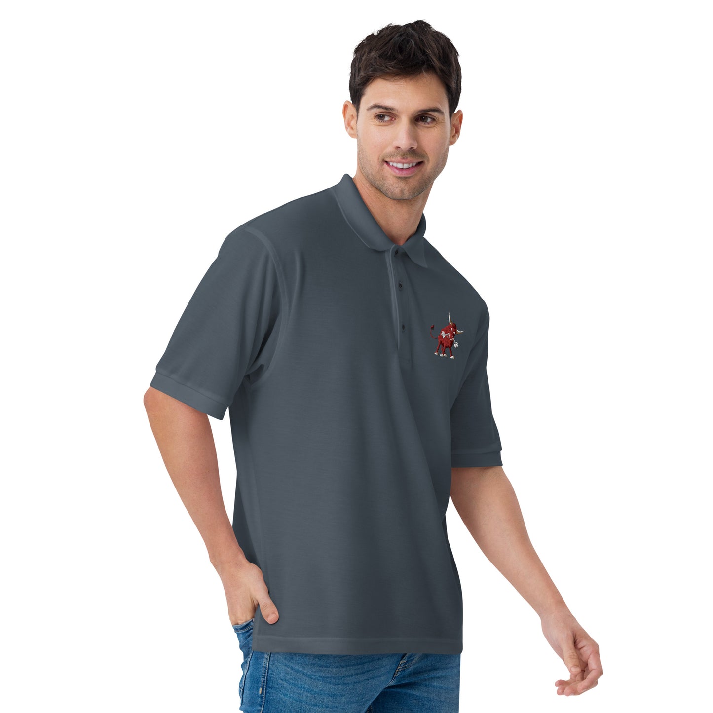 men with grey polo with bull
