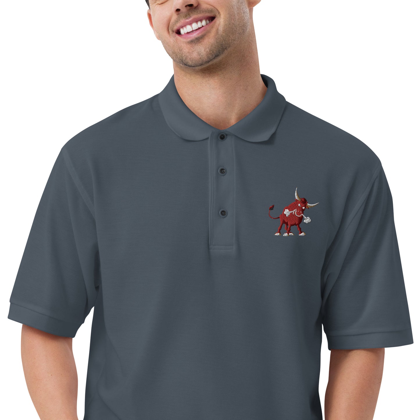 men with grey polo with bull
