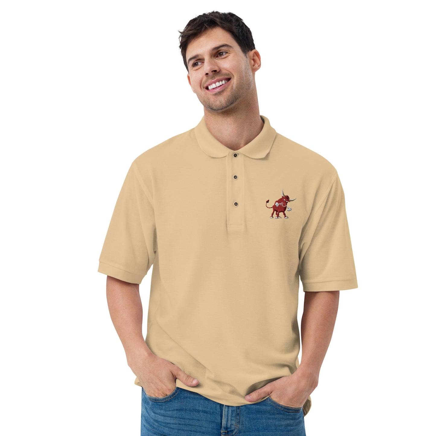 men with stone polo with bull
