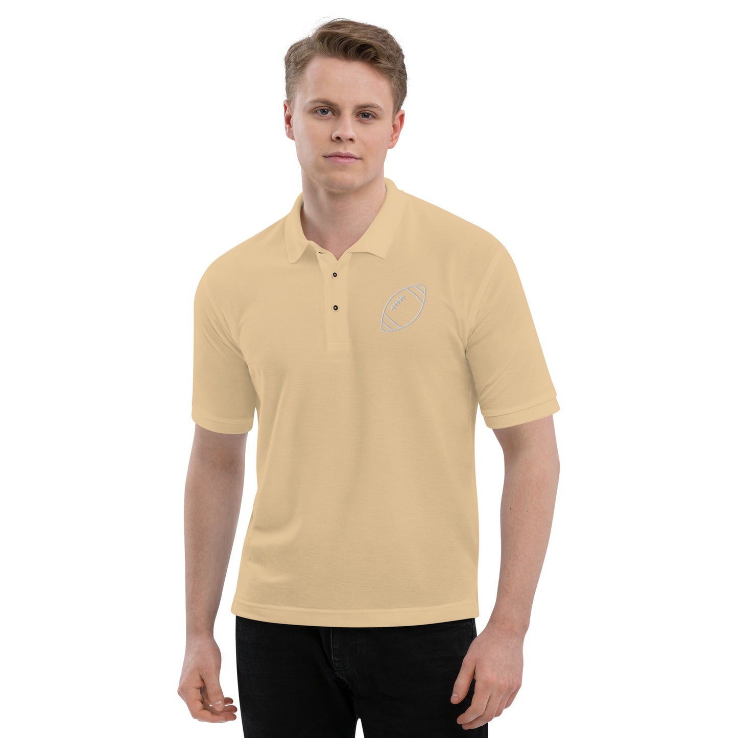 men with stone polo with football