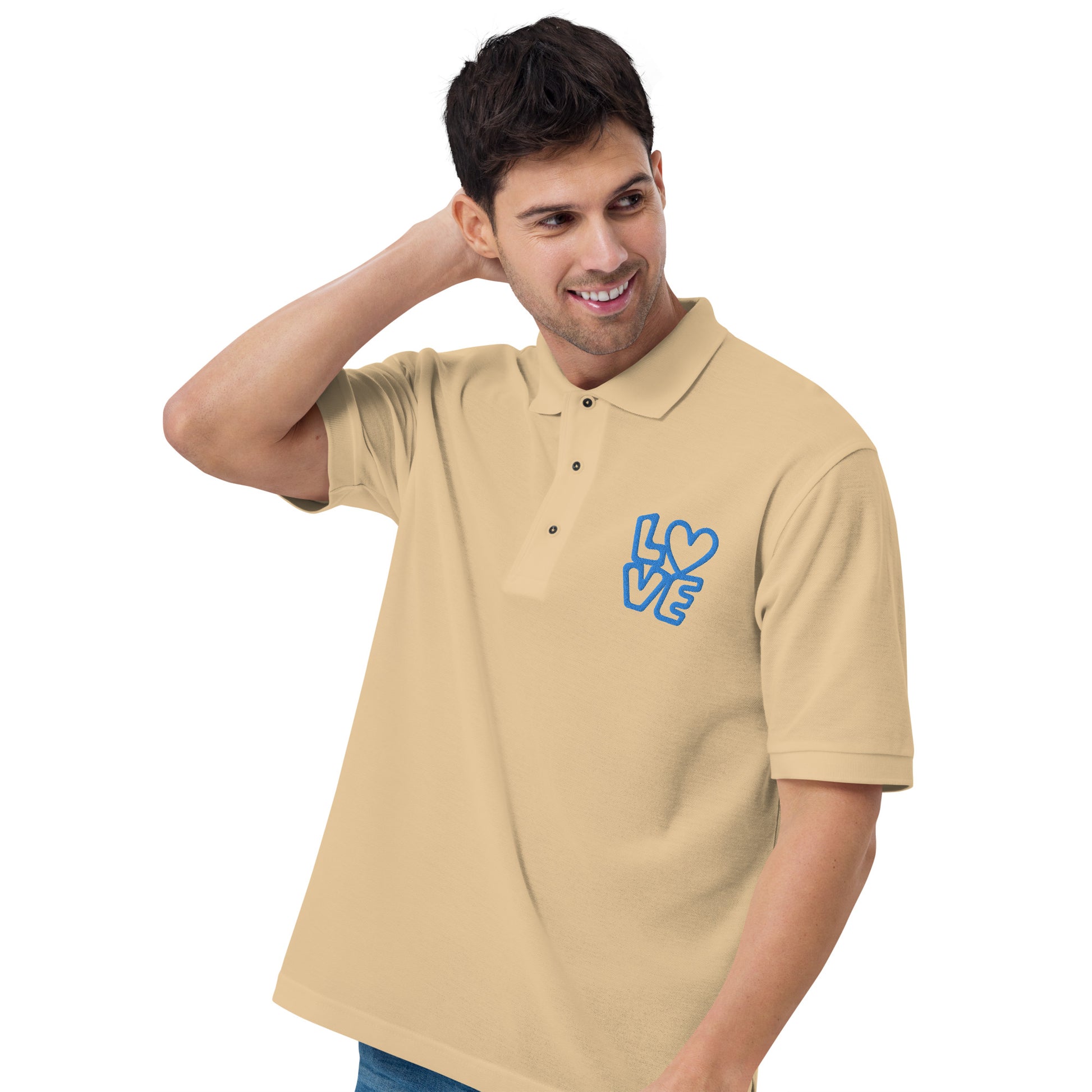 Men with stone poloshirt with the blue letters LOVE with the O in heart shape