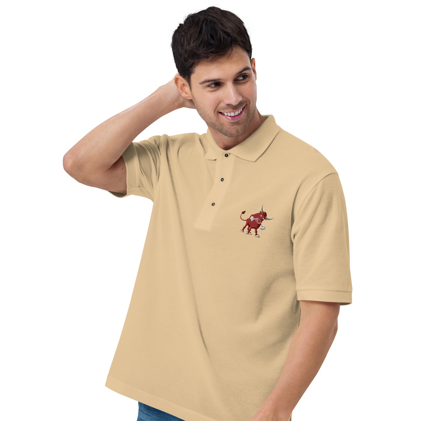 men with stone polo with bull