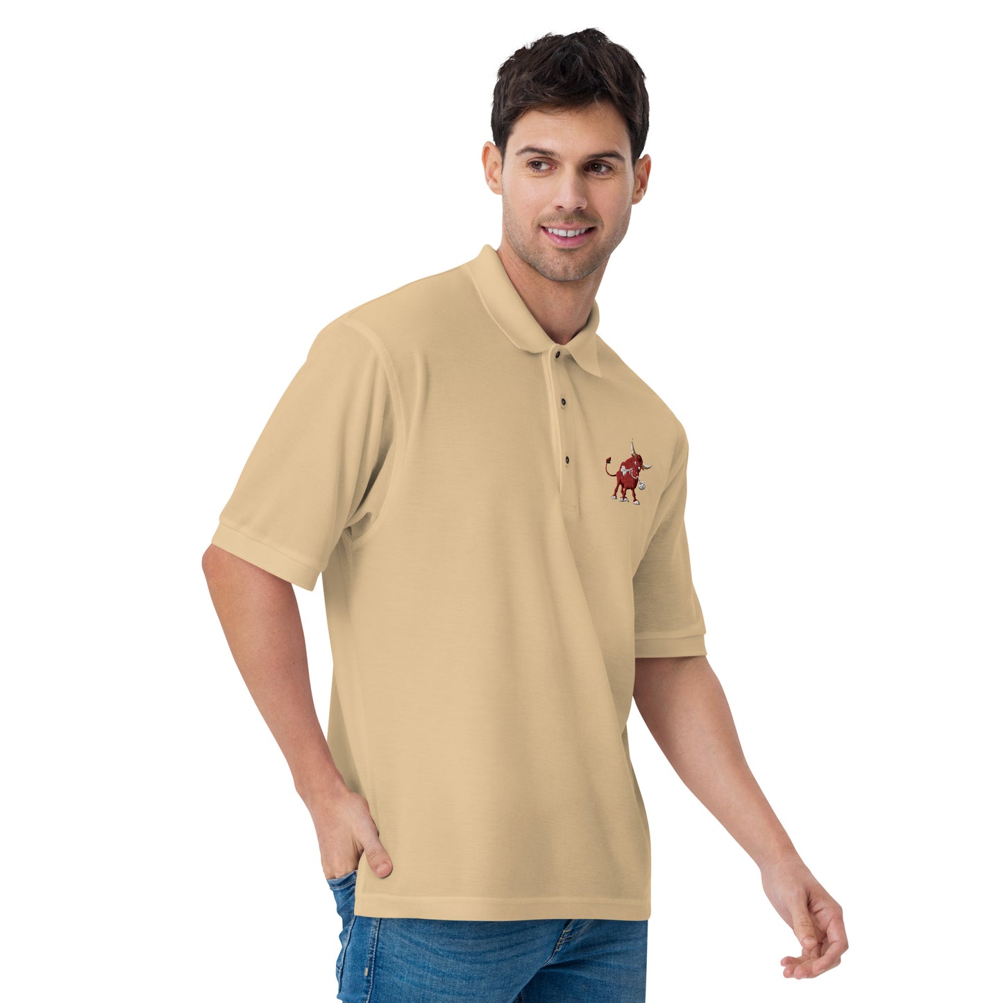 men with stone polo with bull