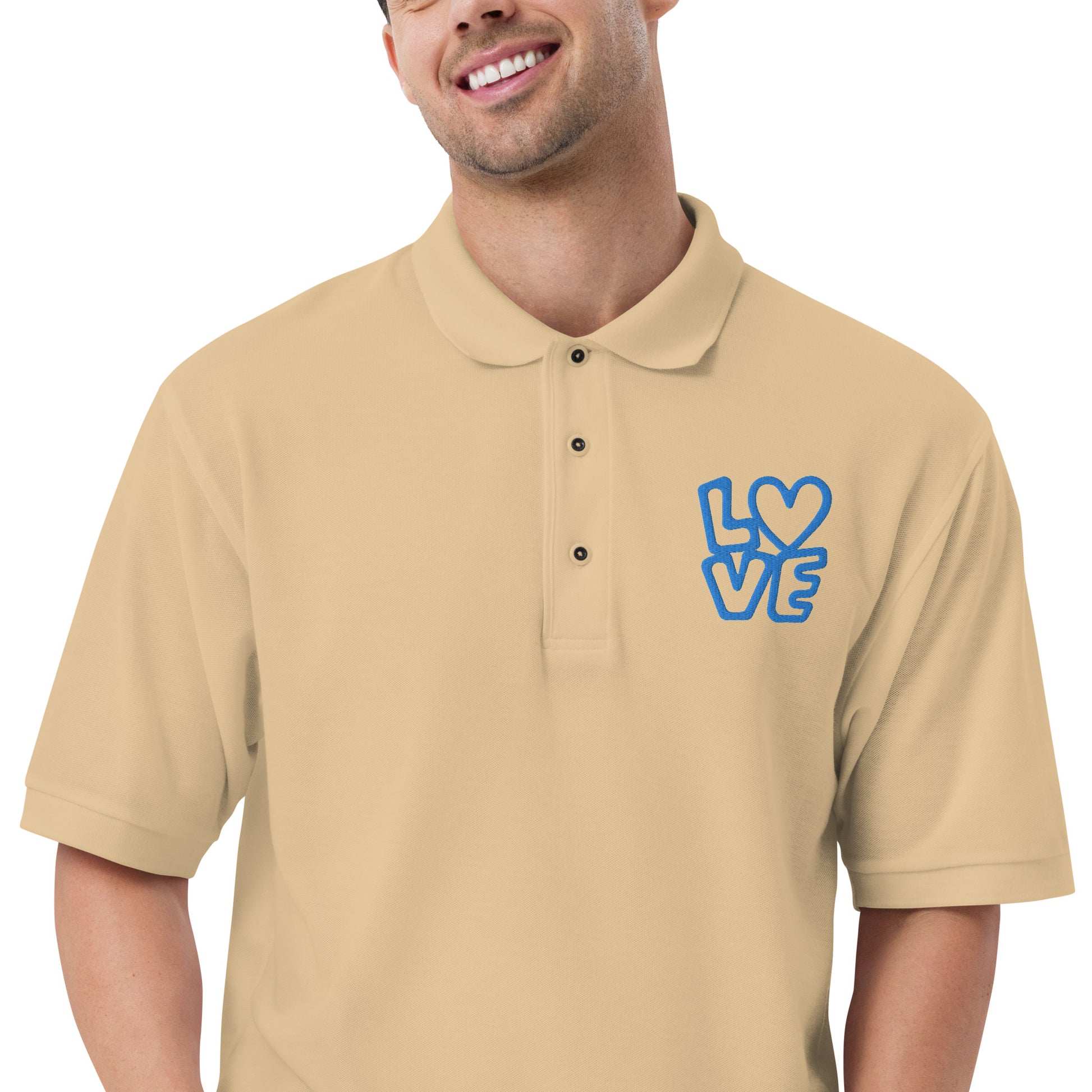 Men with stone poloshirt with the blue letters LOVE with the O in heart shape