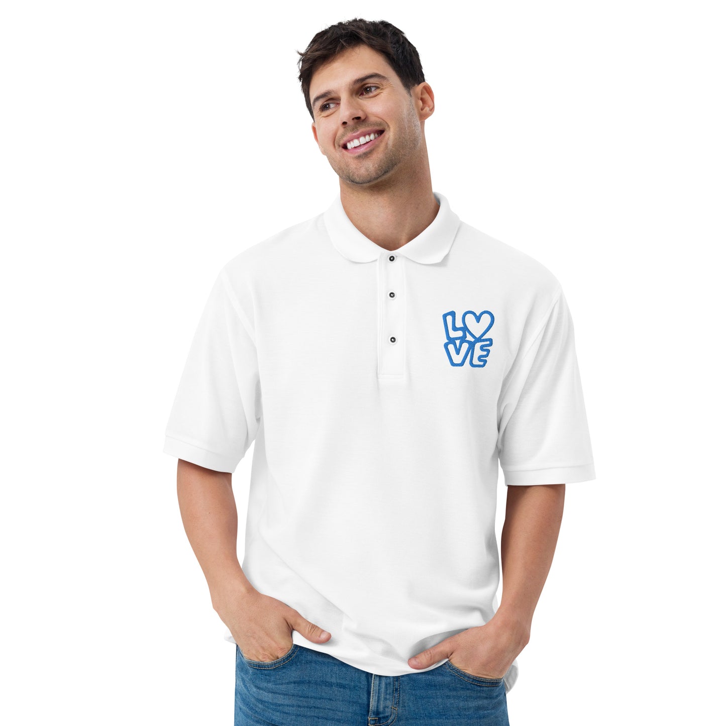 Men with white poloshirt with the blue letters LOVE with the O in heart shape