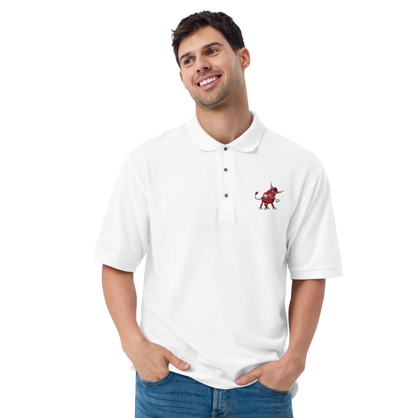 men with white polo with bull