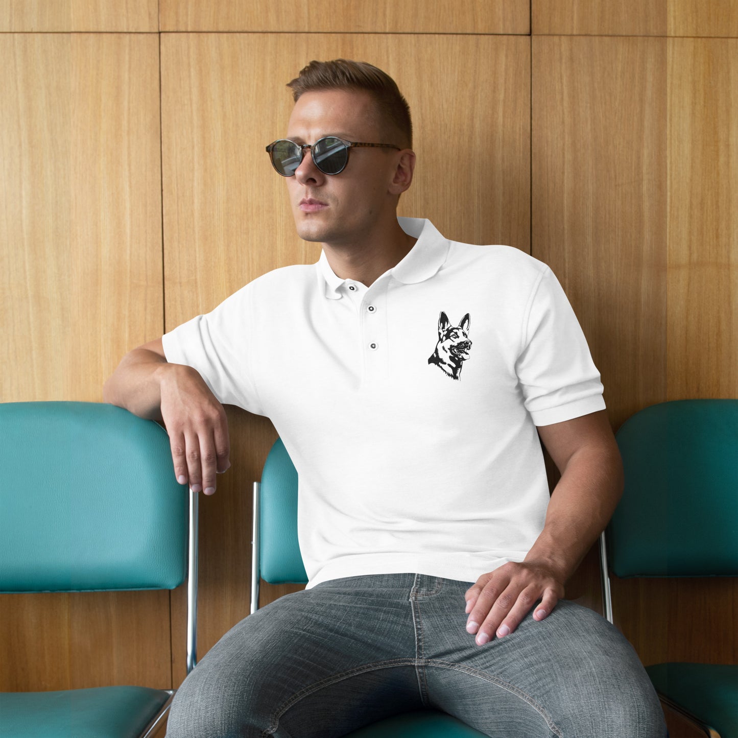 Men with white polo with German shepherd
