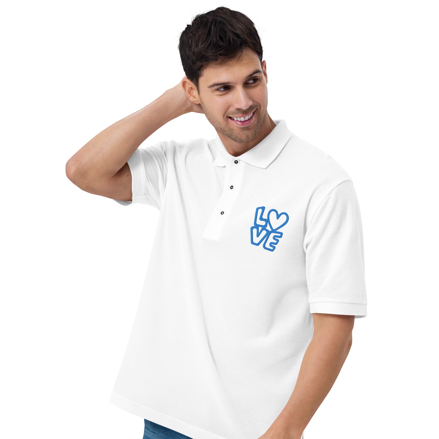 Men with white poloshirt with the blue letters LOVE with the O in heart shape