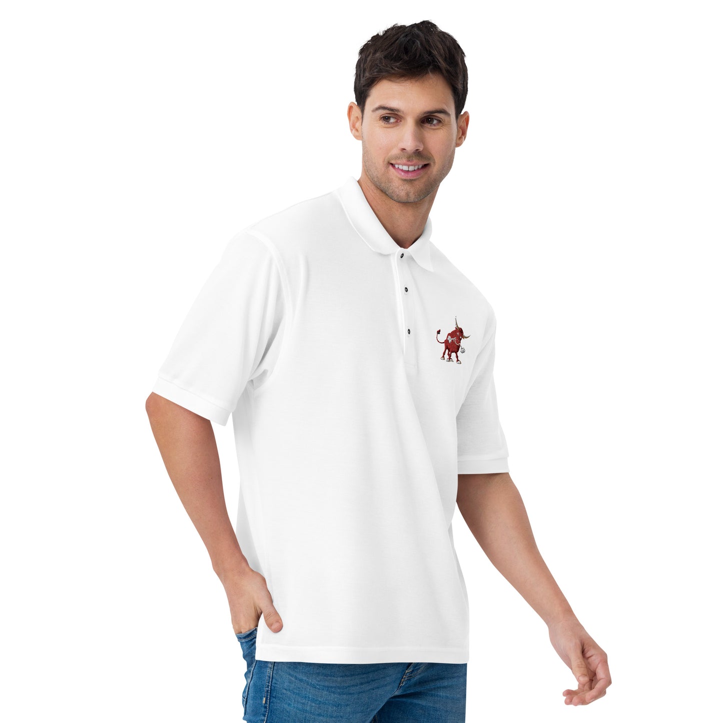men with white polo with bull