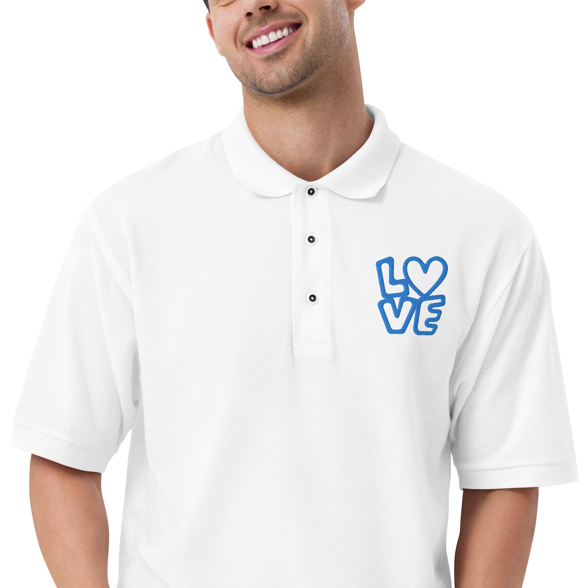 Men with white poloshirt with the blue letters LOVE with the O in heart shape