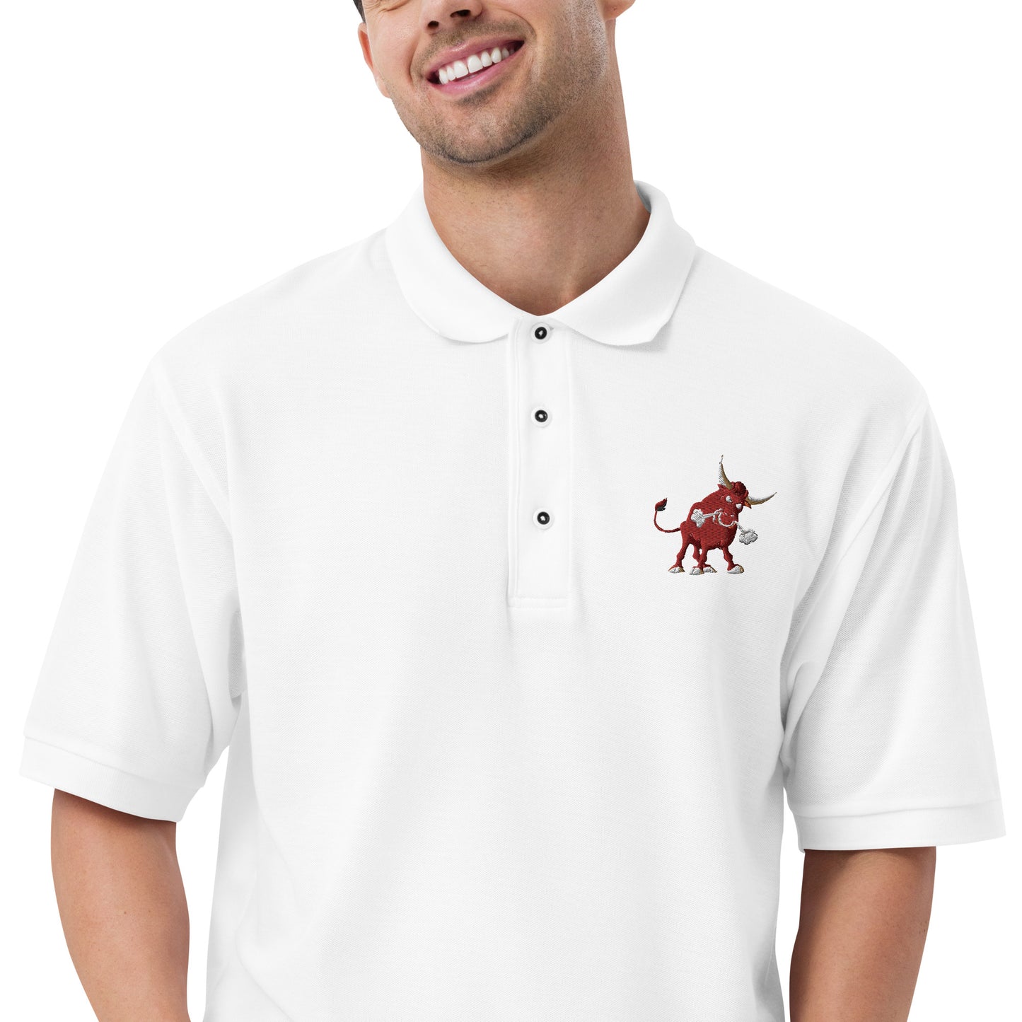 men with white polo with bull