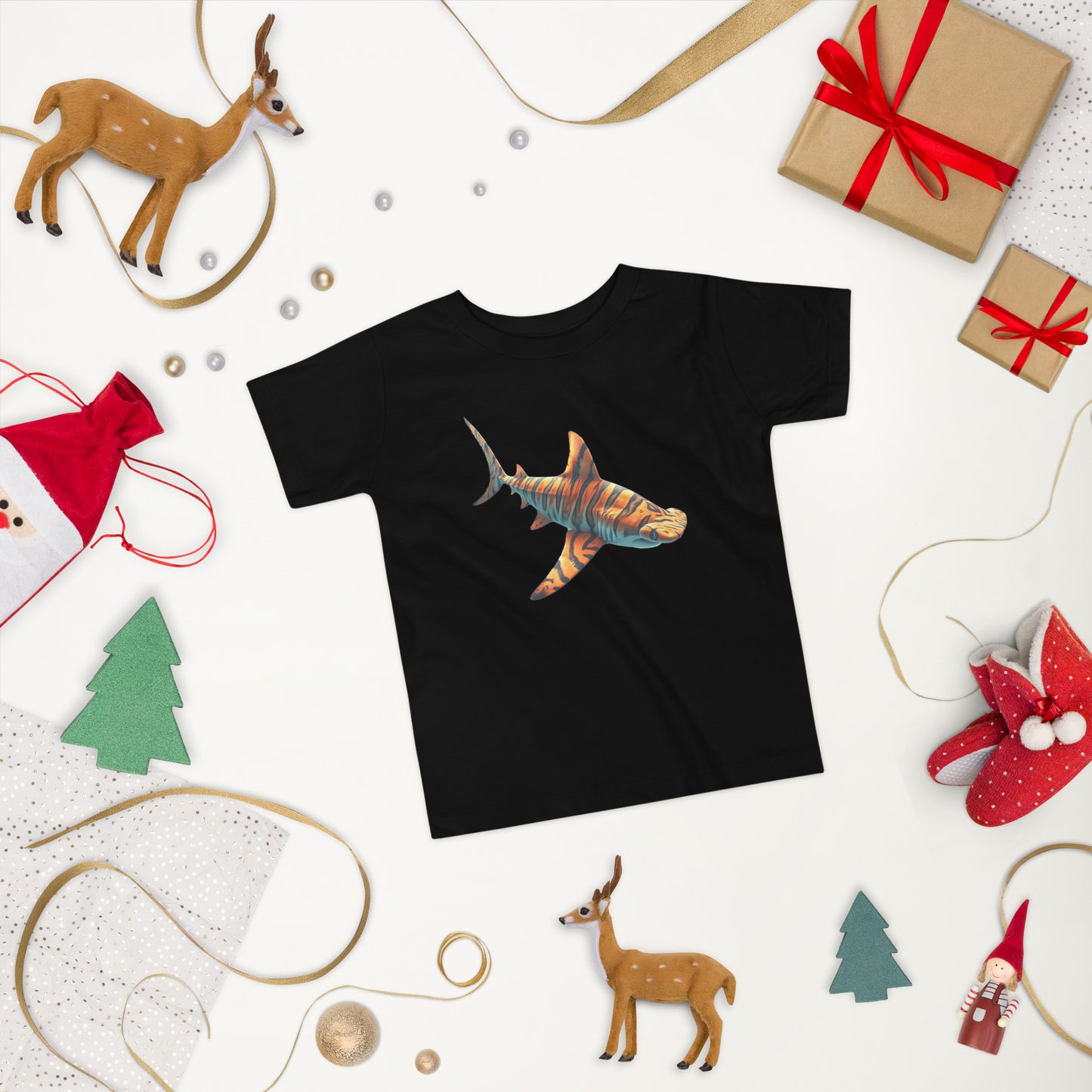 black t-shirt for toddler with a print of a hammerhead shark