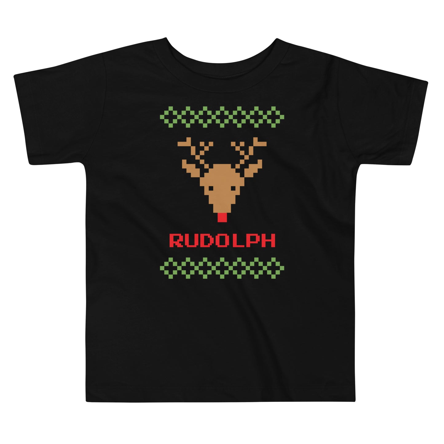 black t-shirt with a pixeled picture of a reindeer and the word “Rudolph”