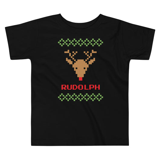 black t-shirt with a pixeled picture of a reindeer and the word “Rudolph” 