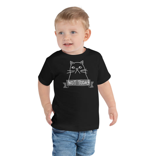 toddler with black t-shirt with drawing of a cat and text "Not today"