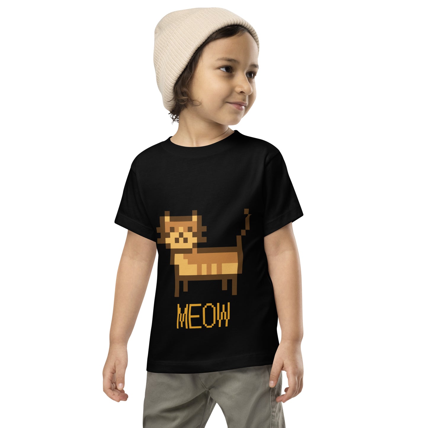 Toddler with black T-shirt with short sleeve and a pixel picture of a cat and the text MEOW