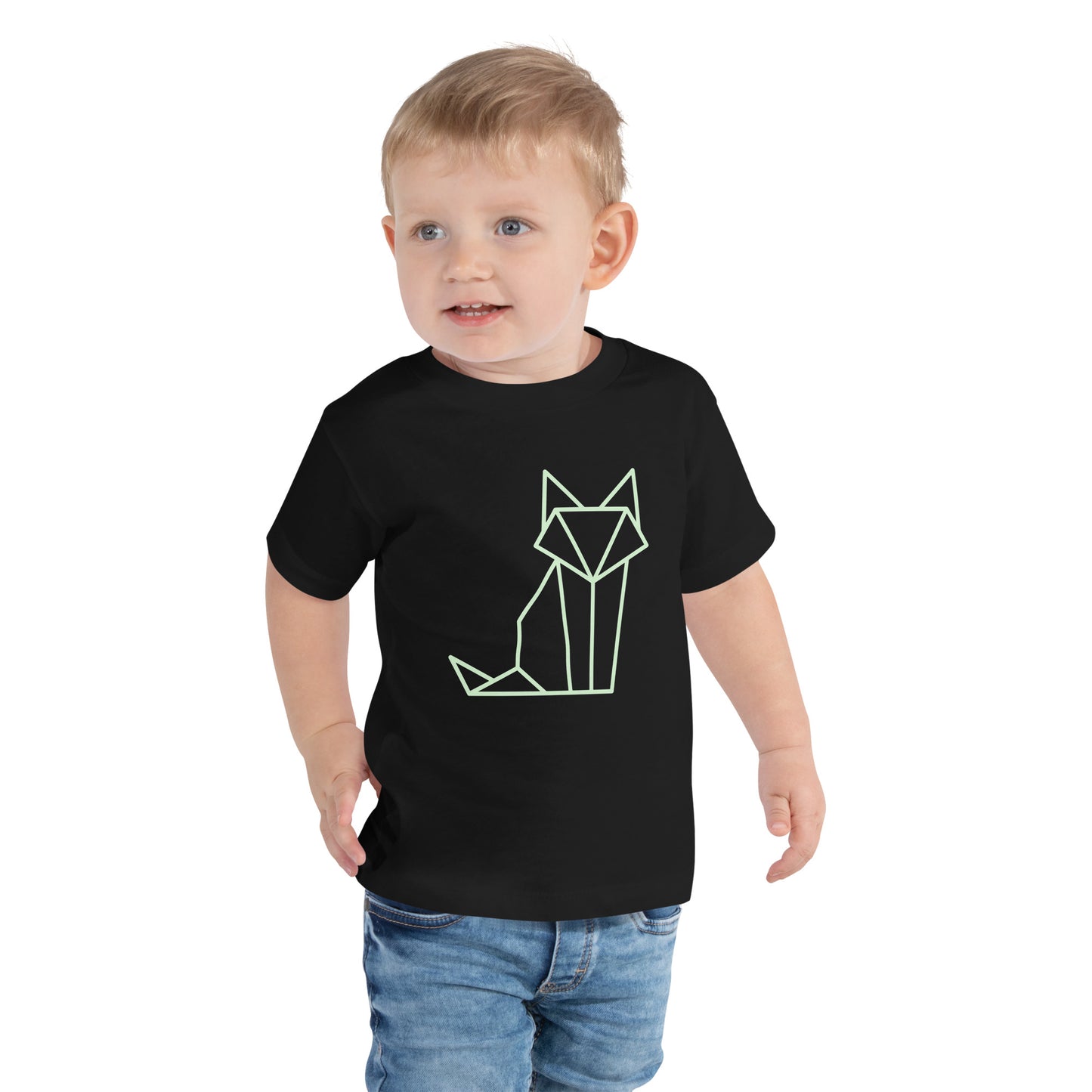 Toddler with a black T-shirt with short sleeve with a print of a fox in green