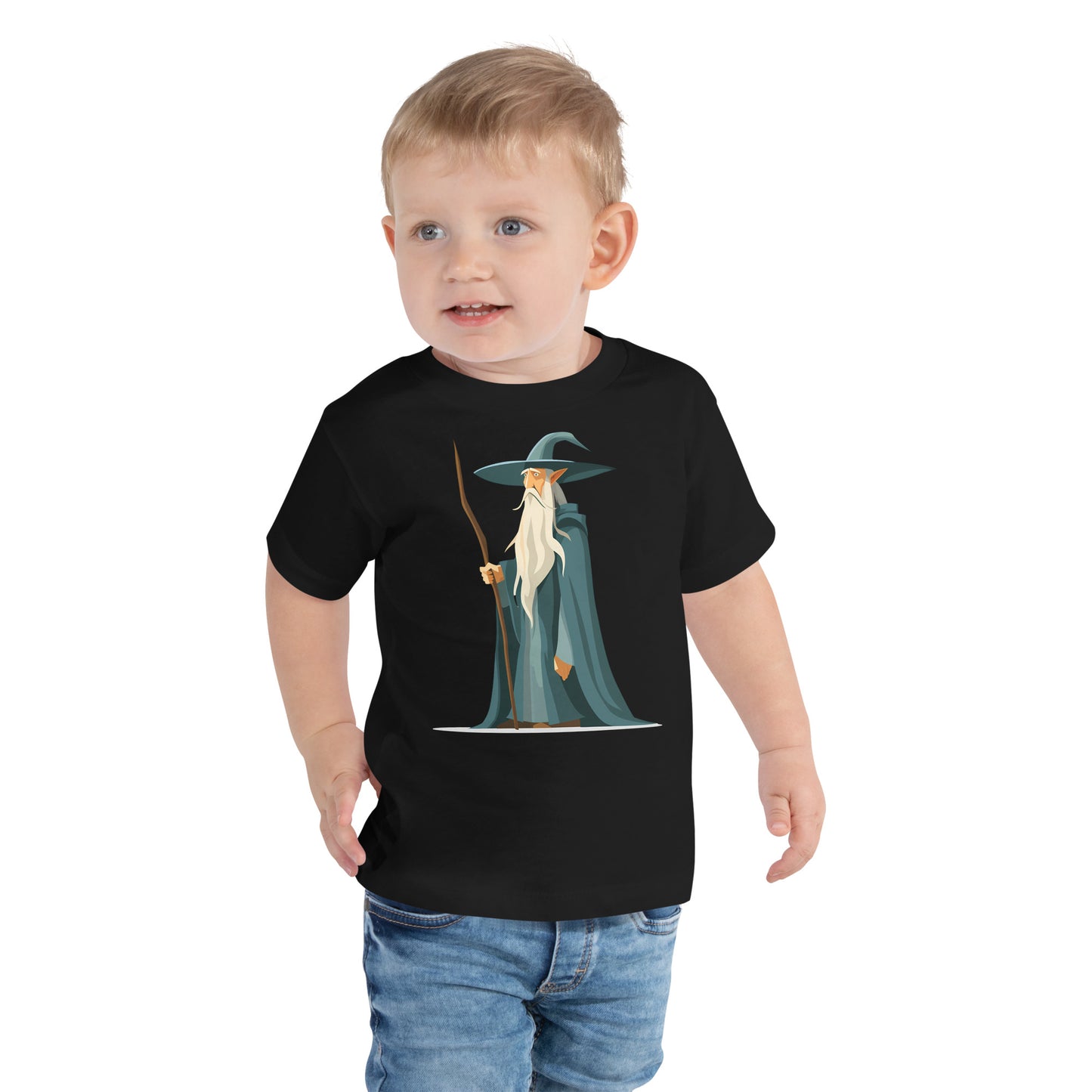 Toddler with a black T-shirt with a picture of a magician
